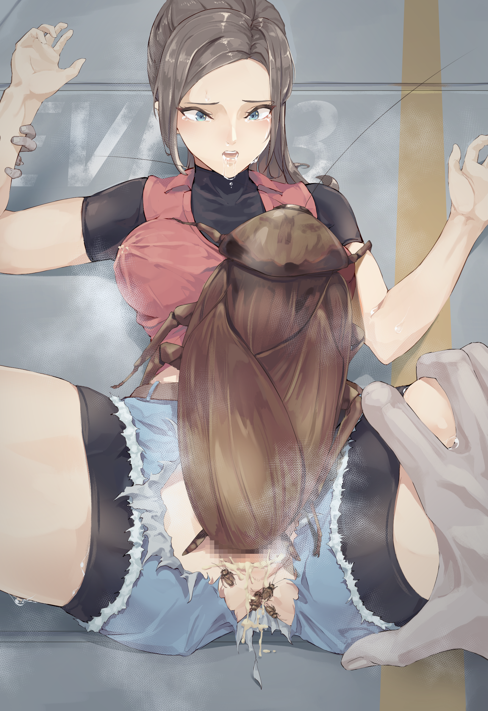1girls, arm grab, bike shorts, black shirt, blue eyes, breasts, brown hair, bug, censored, claire redfield, clothed sex, cockroach, covered breasts, cum, cum in pussy, cum inside, deep penetration, drooling, female, held down, human, insectophilia, insects, interspecies, lactation, lactation through clothes, large breasts, male, missionary position, mosaic censoring, open mouth, penis, pussy, rape, resident evil, resident evil 2, restrained, ripped shorts, sex, shorts, snot, spread legs, ssrkma, steam, straight, sweat, tears, torn clothes, torn shorts, vaginal penetration, vest, wrist grab, zombie, zoophilia