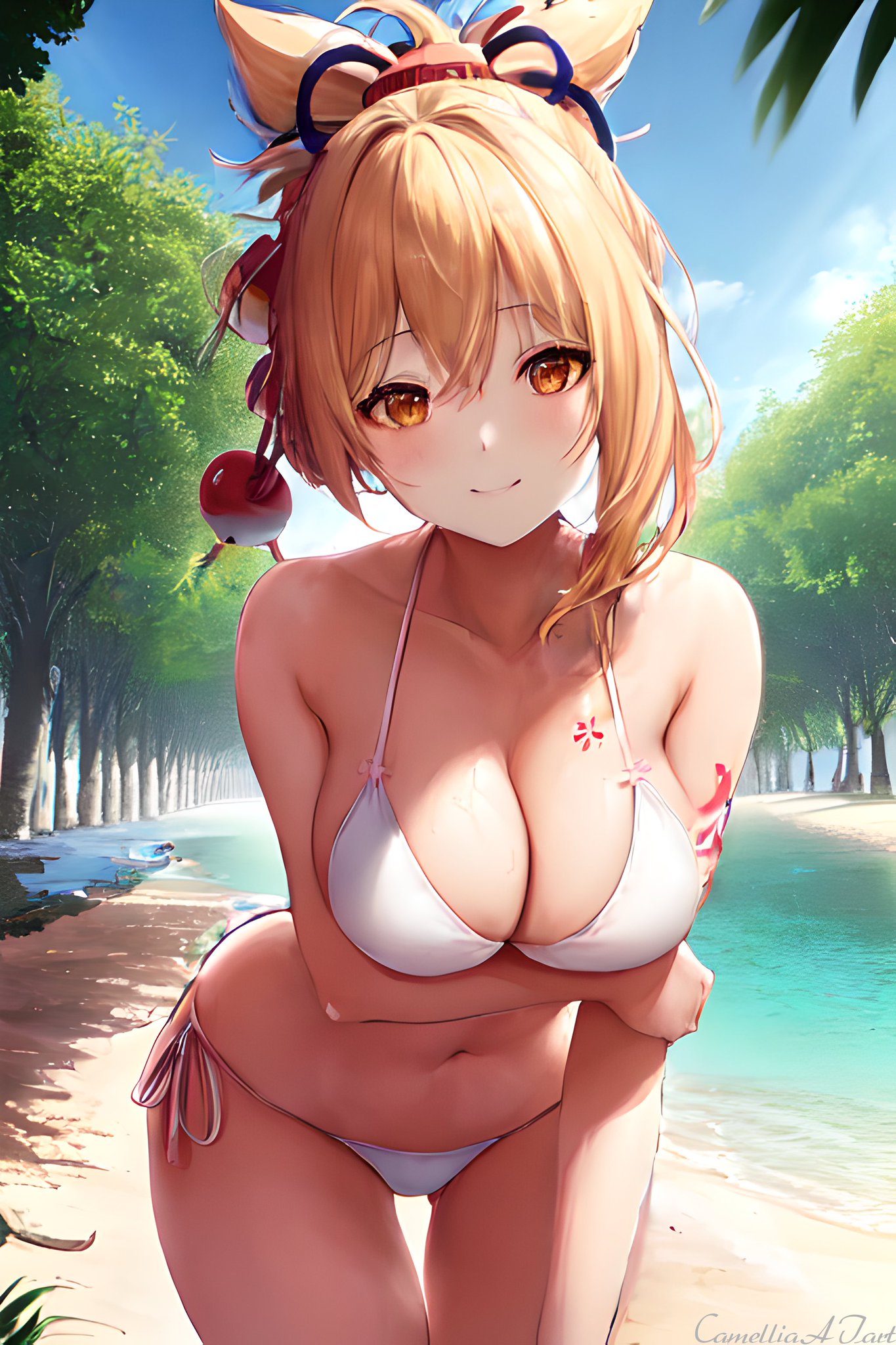1girls, ai generated, bikini, camellia aj art, curvaceous, curvy body, curvy female, curvy figure, female, female focus, female only, genshin impact, high resolution, highres, long hair, mihoyo, seductive look, stable diffusion, yellow hair, yoimiya (genshin impact)