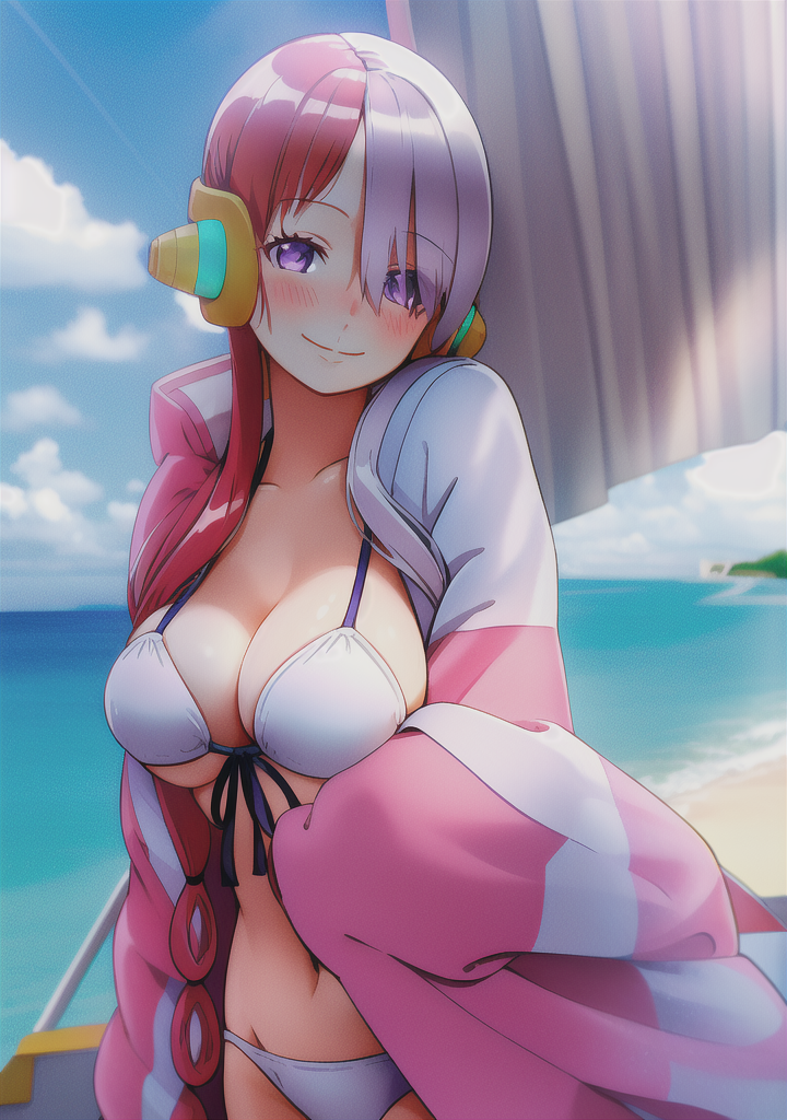 1girls ai_generated beach bikini female female_only hourglass_figure jacket large_breasts long_hair looking_at_viewer multicolored_hair navel one_piece purple_eyes red_hair shmebulock36 smile solo solo_female twintails uta_(one_piece) white_bikini white_hair