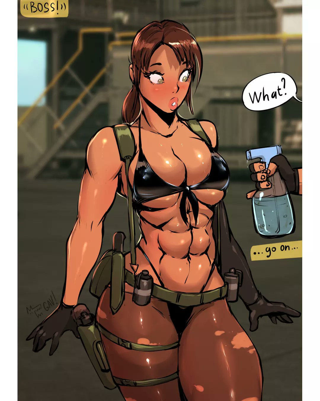 1girls 2023 aleksandrgav bikini black_hair curvaceous curvy curvy_body curvy_female curvy_figure english_text fit_female hi_res high_resolution konami metal_gear_solid milf muscular_female ponytail quiet_(metal_gear) speech_bubble tagme