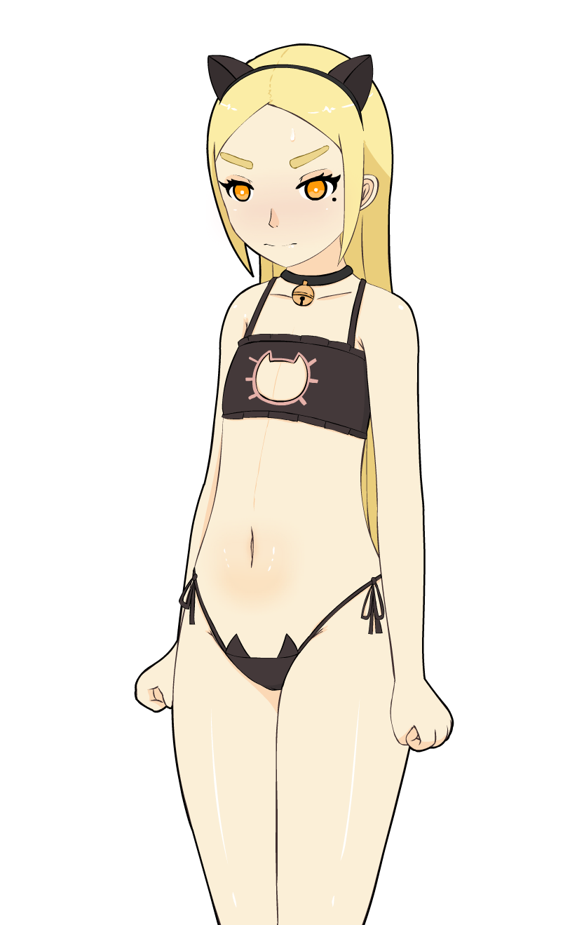 blonde_hair blush cat_ears cat_girl cat_lingerie choker clenched_hands female lingerie mari_gold mole mole_under_eye navel orange_eyes original rong_rong small_breasts standing tagme thick_eyebrows