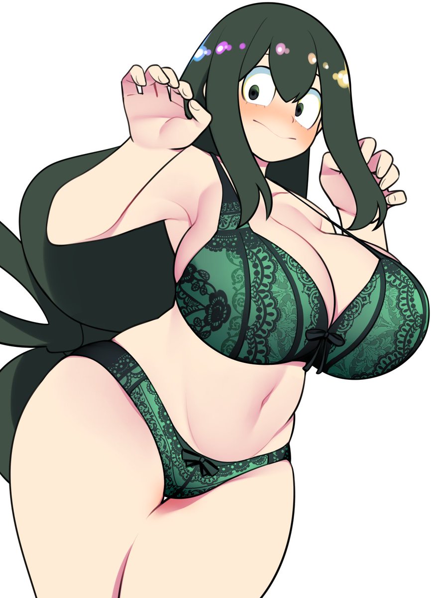 1girls alternate_version_available bellupup big_breasts blush bottomwear bra breasts cleavage clothing female female_only green_bra green_eyes green_hair green_panties huge_breasts lace lace-trimmed_bra lace-trimmed_panties lace_trim legs_together long_hair matching_underwear my_hero_academia panties solo solo_female thighs topwear tsuyu_asui wide_eyed wide_hips