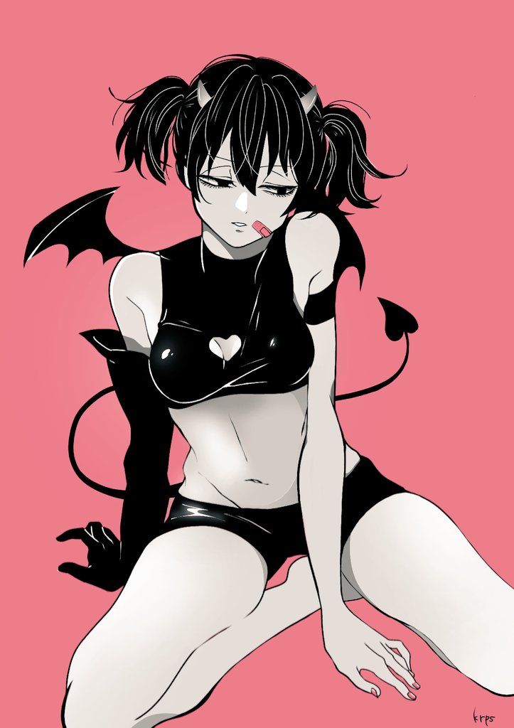 alternate_costume alternate_version_available armband bandaid canon_genderswap cleavage_cutout crop_top demon_girl demon_horns demon_tail demon_wings female female_only genderswap_(mtf) gintama half-closed_eyes horns kirapisu looking_away pink_background restricted_palette rule_63 short_shorts shorts single_glove sitting solo succubus tail twintails wings yamazaki_sagaru yamazaki_shisako