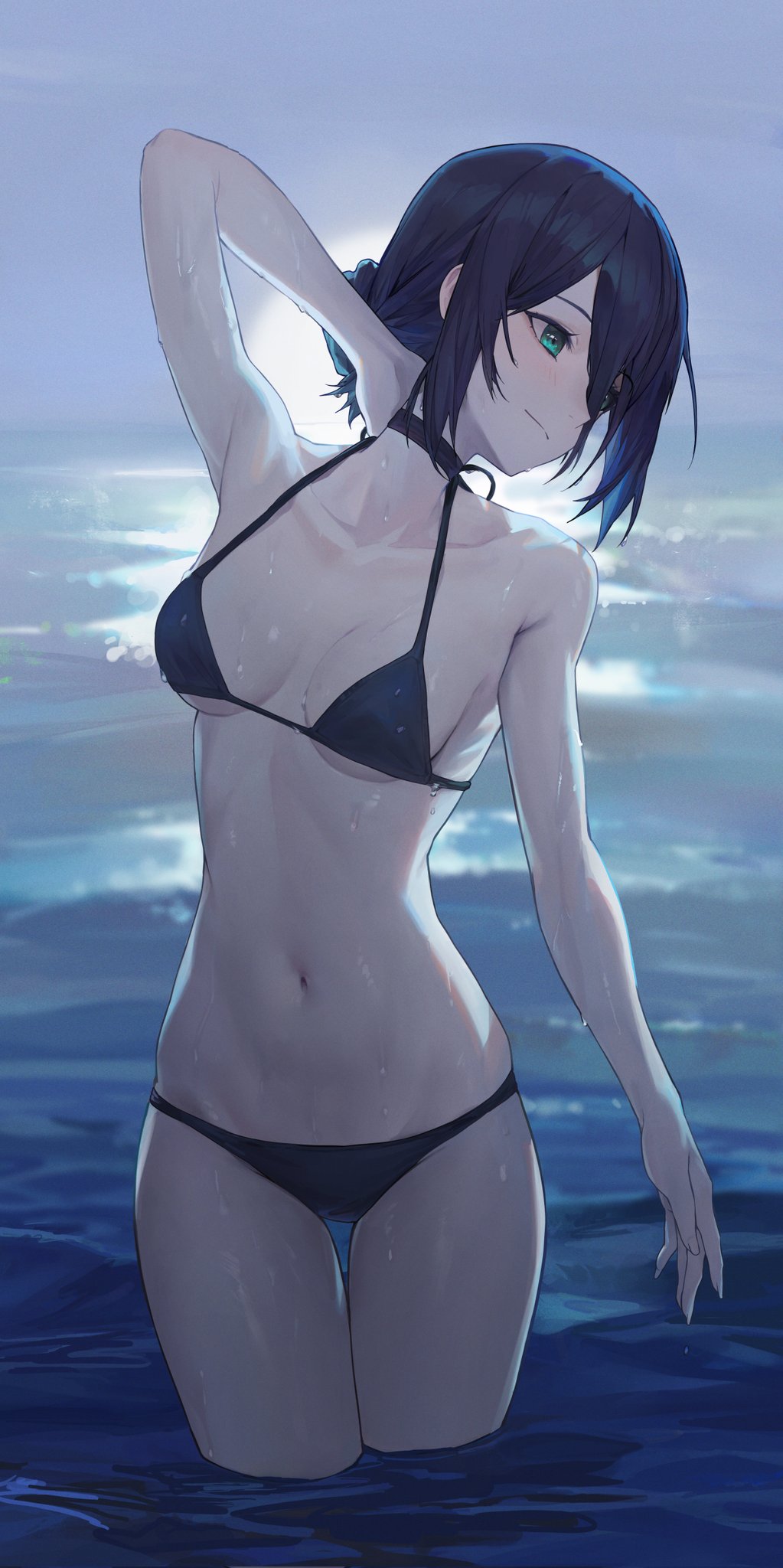 1girls, arm up, armpits, bafangyu, bikini, blush, breasts, breasts apart, chainsaw man, choker, collarbone, female, female only, light skin, light-skinned female, mappa, reze (chainsaw man), small breasts, underboob, wet