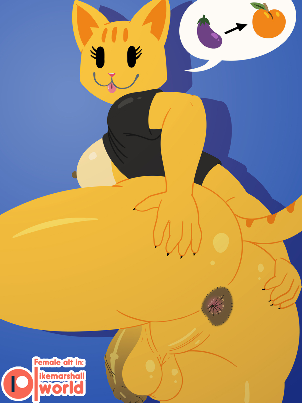 1futa anthro anus ass backsack balls breasts cat_emoji clothed clothing clothing_lift dark_anus domestic_cat eggplant emoji emoji_(race) felid feline felis flaccid food foreskin fruit futanari genitals gynomorph hand_on_butt hi_res high_resolution highres ike_marshall intersex mammal nipples peach_(fruit) penis plant presenting presenting_anus presenting_hindquarters shirt shirt_lift solo spread_butt spreading t-shirt tongue tongue_out topwear yellow_body