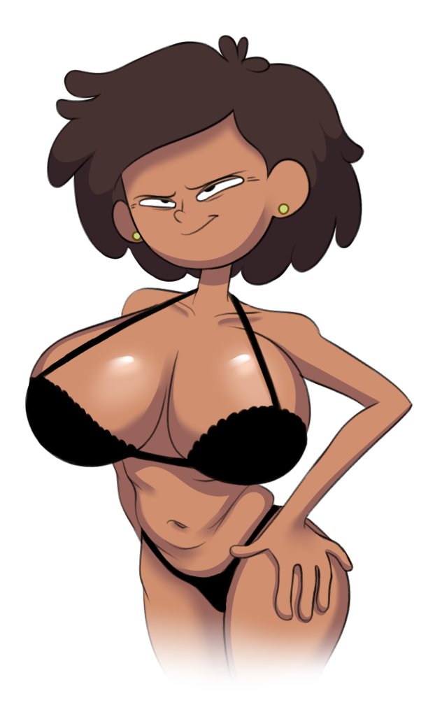amphibia, asian female, big breasts, bikini, bikini bottom, bikini top, black bikini, black bra, black panties, bra, breasts, brown hair, dark skin, dark-skinned female, disney, disney channel, ear piercing, female, hands on hips, huge breasts, incogneato, large breasts, looking at viewer, milf, mrs. boonchuy, navel, oum boonchuy, shiny breasts, smile, smiling at viewer, smug, straight hair, thai, white background, wide hips