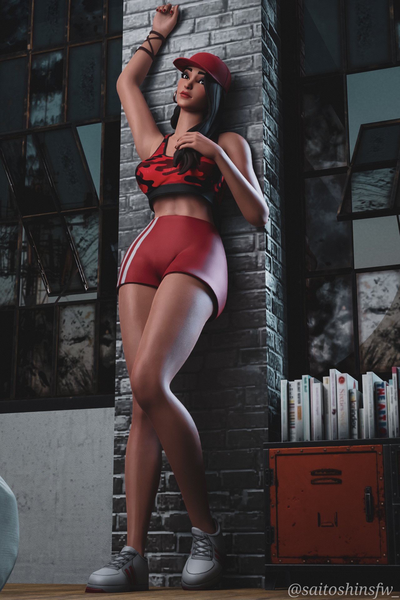 1girls, 3d, artsbyronin, athletic, athletic female, baseball cap, blender, boardwalk ruby (fortnite), bottomwear, brown hair, cap, clothed, clothing, curvy, curvy body, curvy female, curvy figure, detailed background, ear piercing, earrings, female, female focus, female only, fortnite, headwear, light skin, light-skinned female, long hair, looking at viewer, looking down, pants, pose, posing, presenting, room, ruby (fortnite), shoes, shorts, solo, solo female, solo focus, standing, tank top, thick thighs, topwear, watermark