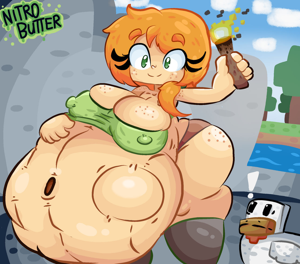 1girls alex_(minecraft) belly_bulge belly_grab breasts busty chicken digestion fatal_vore freckles green_eyes huge_belly huge_thighs hyper_belly medium_breasts minecraft mysticemerald_(artist) nipple_bulge nipples nipples_visible_through_clothing nitrobutter square_head stomach_bulge stomach_deformation thick_thighs thighhighs voluptuous vore vore_belly