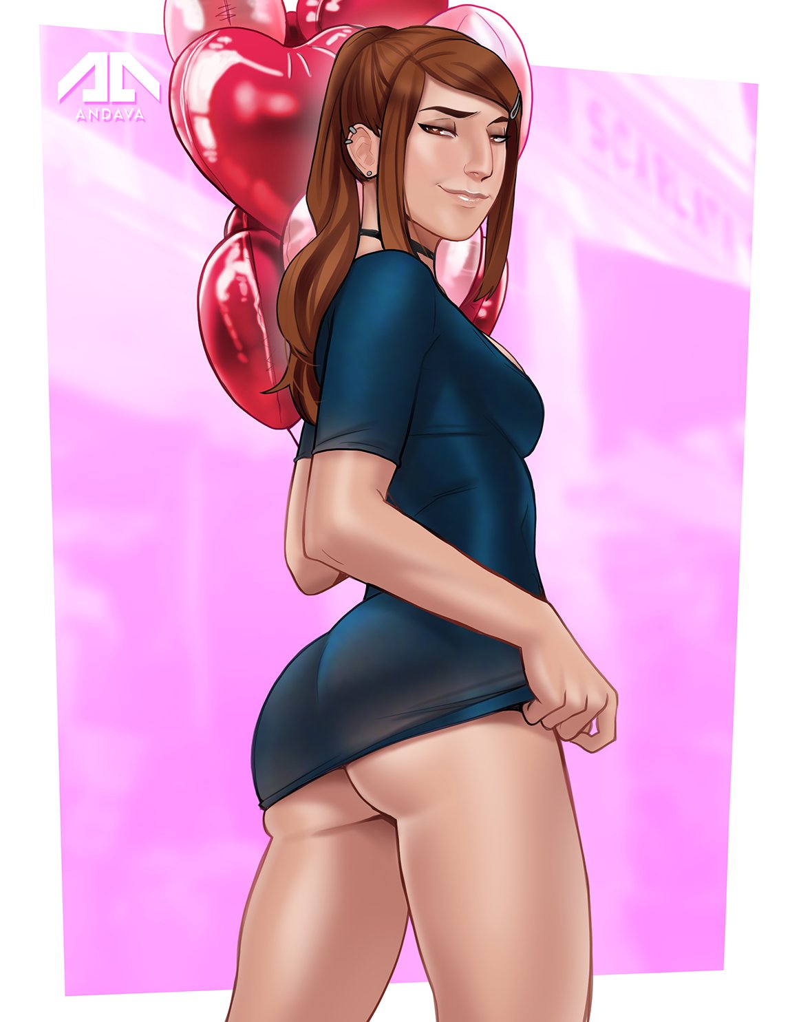 1girls andava andavaverse ass balloon brown_eyes brown_hair choker earrings erica_andreyko female female_only hairclip heart_balloon long_hair looking_at_viewer narrowed_eyes ponytail side_view smiling smiling_at_viewer solo t-shirt t-shirt_only underass