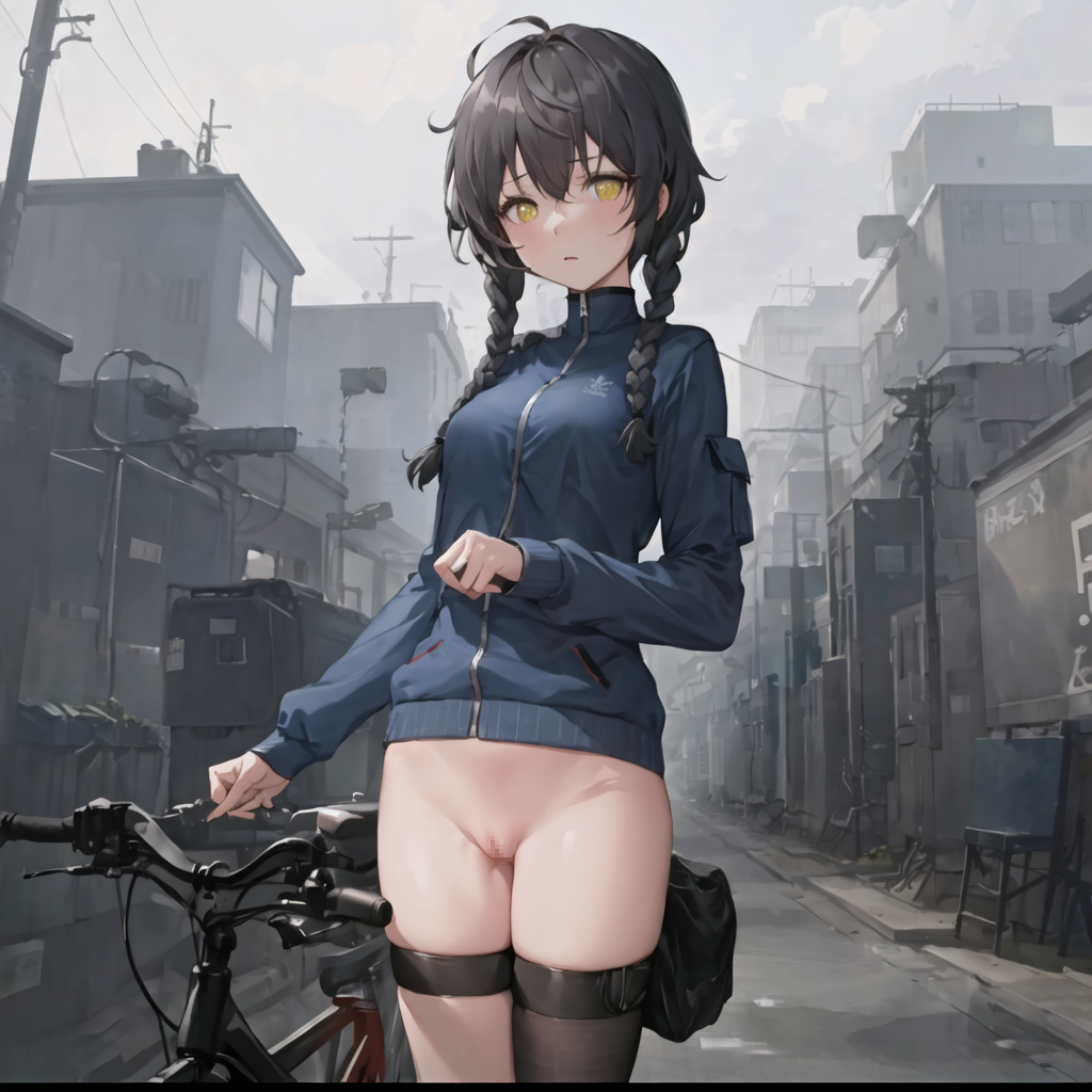 1girls ai_generated amane_suzuha bicycle bottomless braided_hair brown_hair exhibitionism female female_only fluffy_hair fog light-skinned_female no_panties outdoors public_exposure public_nudity solo standing steins;gate thigh_strap tomboy town track_jacket track_top twin_braids yellow_eyes