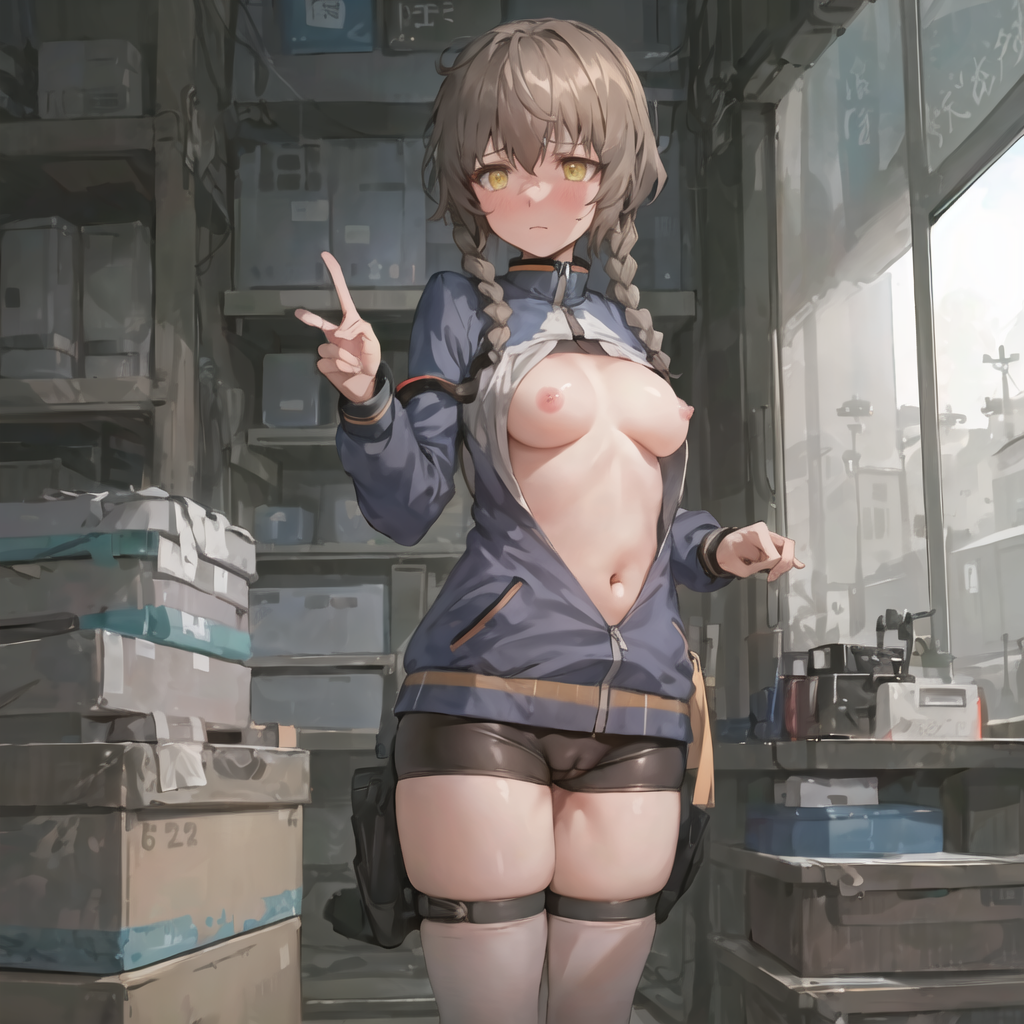 1girls ai_generated amane_suzuha bare_breasts bike_shorts blush braided_hair breasts breasts_outside brown_hair detailed_background female female_only jacket_open light-skinned_female medium_breasts navel pussy_visible_through_clothes skindentation solo standing steins;gate thigh_strap thighs tomboy track_jacket track_top twin_braids v_sign yellow_eyes