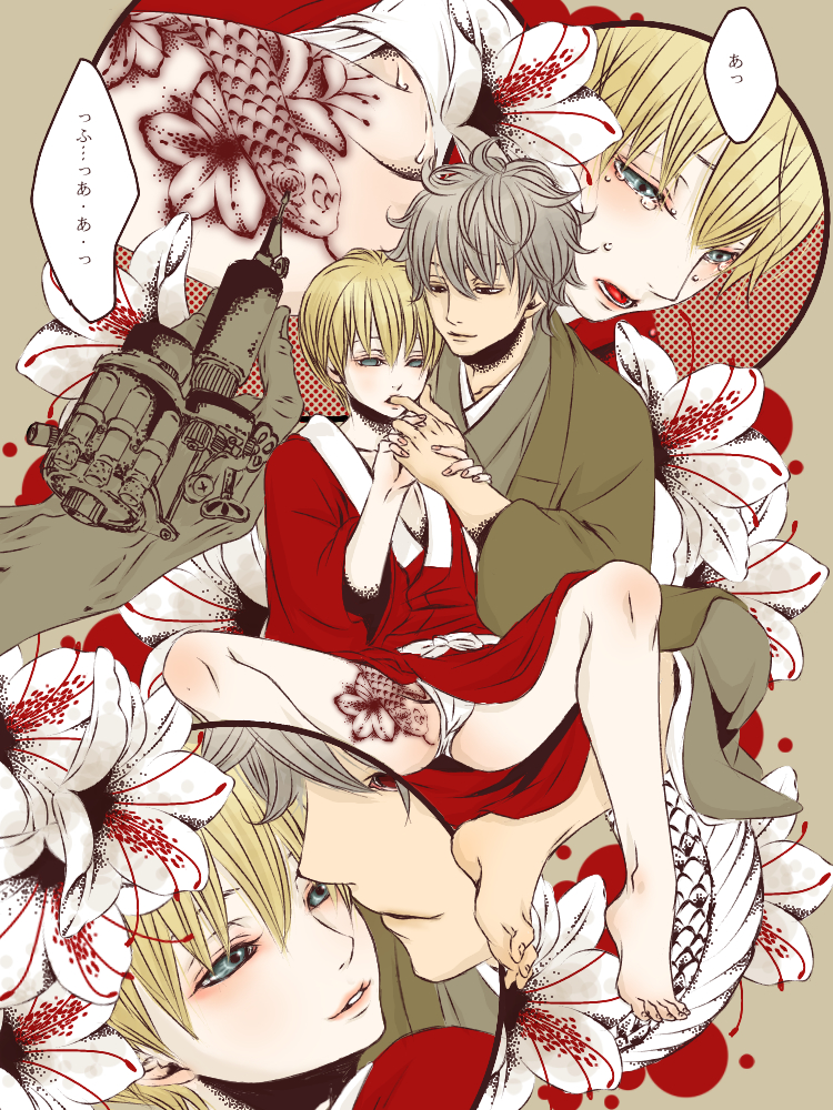 2boys age_difference barefoot bishonen blonde_hair blue_eyes bulge finger_in_another's_mouth finger_in_mouth flowers full_body fundoshi gay gintama gintoki_sakata grey_hair haori japanese_text kawa_(pixiv) kimono male male_only okita_sougo pain pale-skinned_male pale_skin speech_bubble spread_legs tattoo tattoo_gun tattooing tears teen_boy teenager twink yaoi