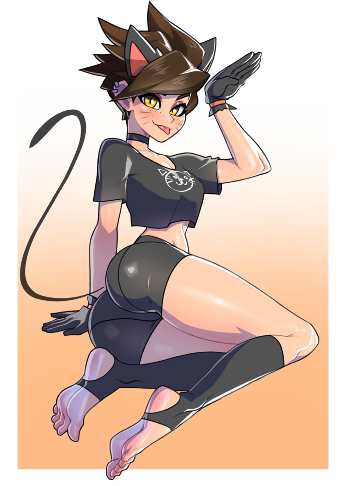 1girls blizzard_entertainment blush booty_shorts brown_hair cat_ears cat_tail catgirl choker crop_top earpiece facepaint feet female female_only foot_fetish freckles freckles_on_face gloves gym_shorts hazel_eyes legs_together legwear looking_at_viewer loose_shirt minicop2001 overwatch overwatch_2 petplay short_hair sitting skimpy skimpy_clothes solo stirrup_legwear tight_clothing toes tongue tongue_out tracer viewed_from_behind waving whiskers