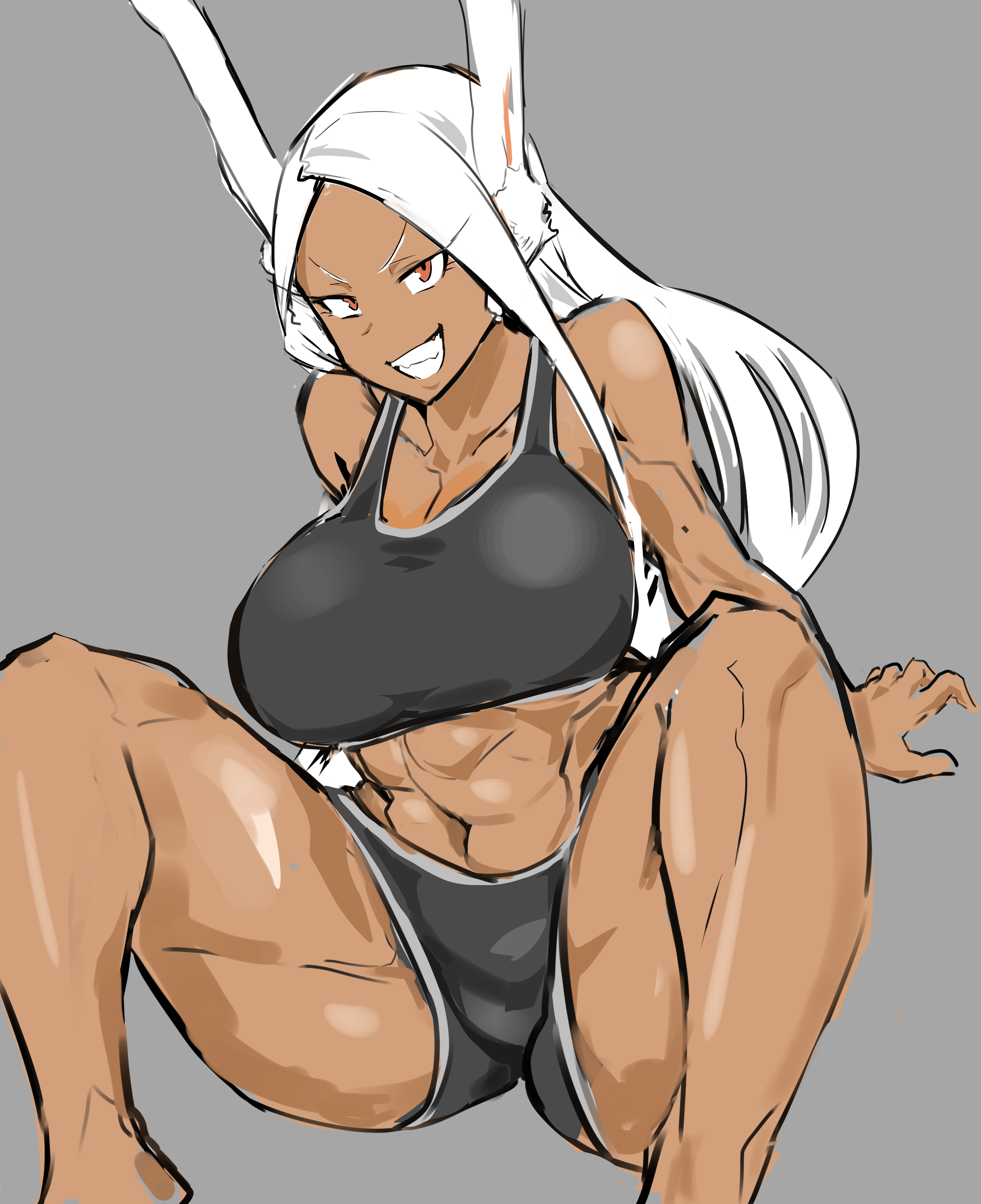 1girls, abs, animal ears, breasts, bunny ears, dark skin, dark-skinned female, eyelashes, female, female only, fully clothed, grey background, large breasts, long hair, looking at viewer, miruko, muscular, muscular female, my hero academia, red eyes, rumi usagiyama, sitting, smile, smug, solo, sports bra, white hair, workout clothes, yuujiro