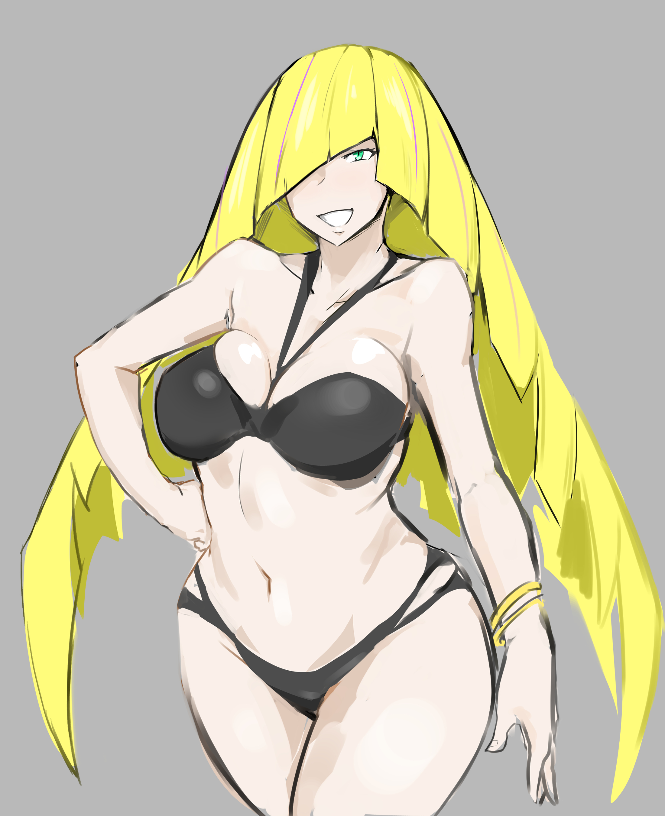 1girls, bikini, blonde hair, bracelet, breasts, female, female only, green eyes, hair over one eye, large breasts, long hair, looking at viewer, lusamine (pokemon), milf, pokemon, pokemon sm, solo, swimsuit, thick thighs, thighs, very long hair, wide hips, yuujiro