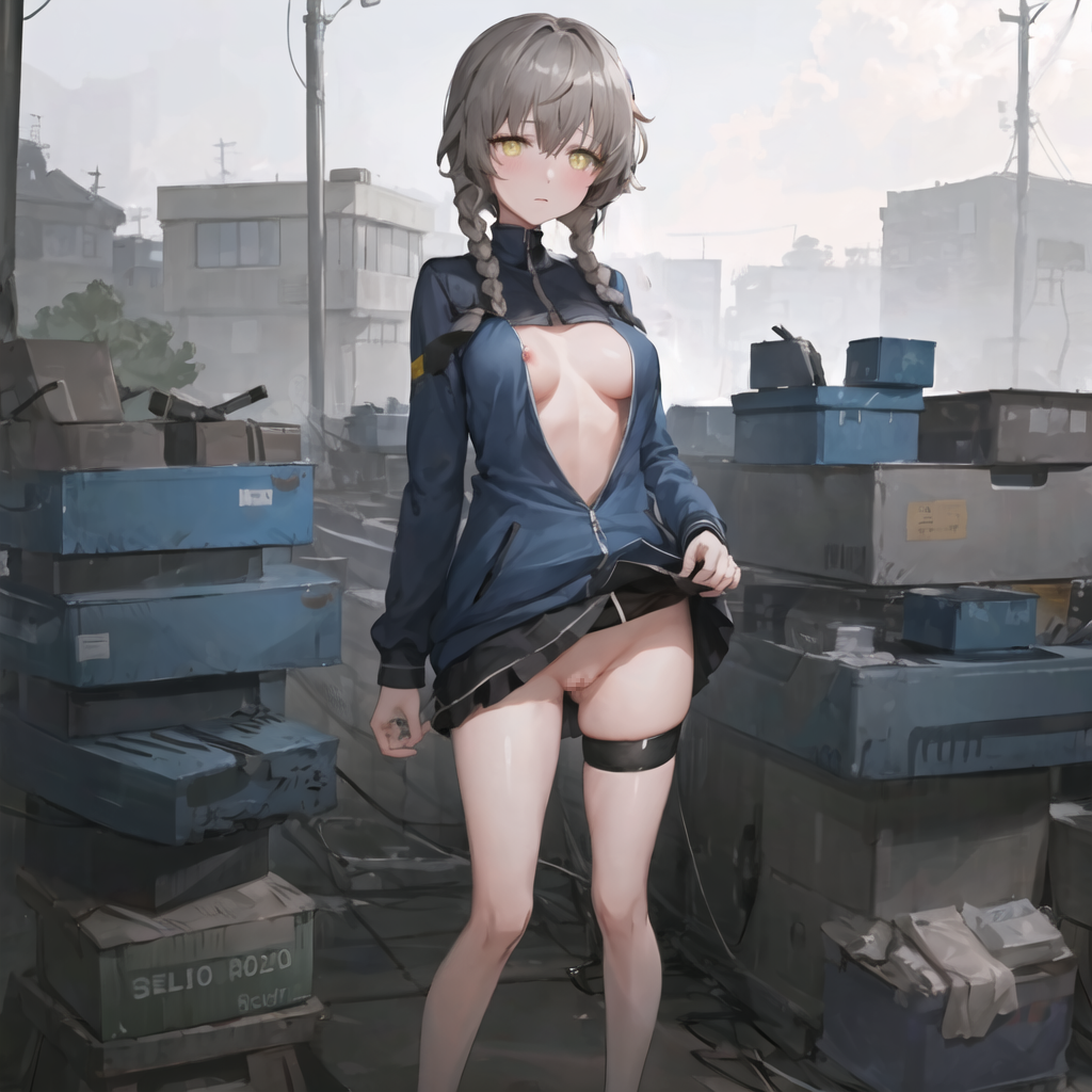 1girls ai_generated amane_suzuha braided_hair detailed_background exhibitionism female female_only fluffy_hair fog light-skinned_female miniskirt nipple_slip no_panties no_panties_under_skirt open_jacket outdoors skirt skirt_lift solo steins;gate track_jacket twin_braids yellow_eyes