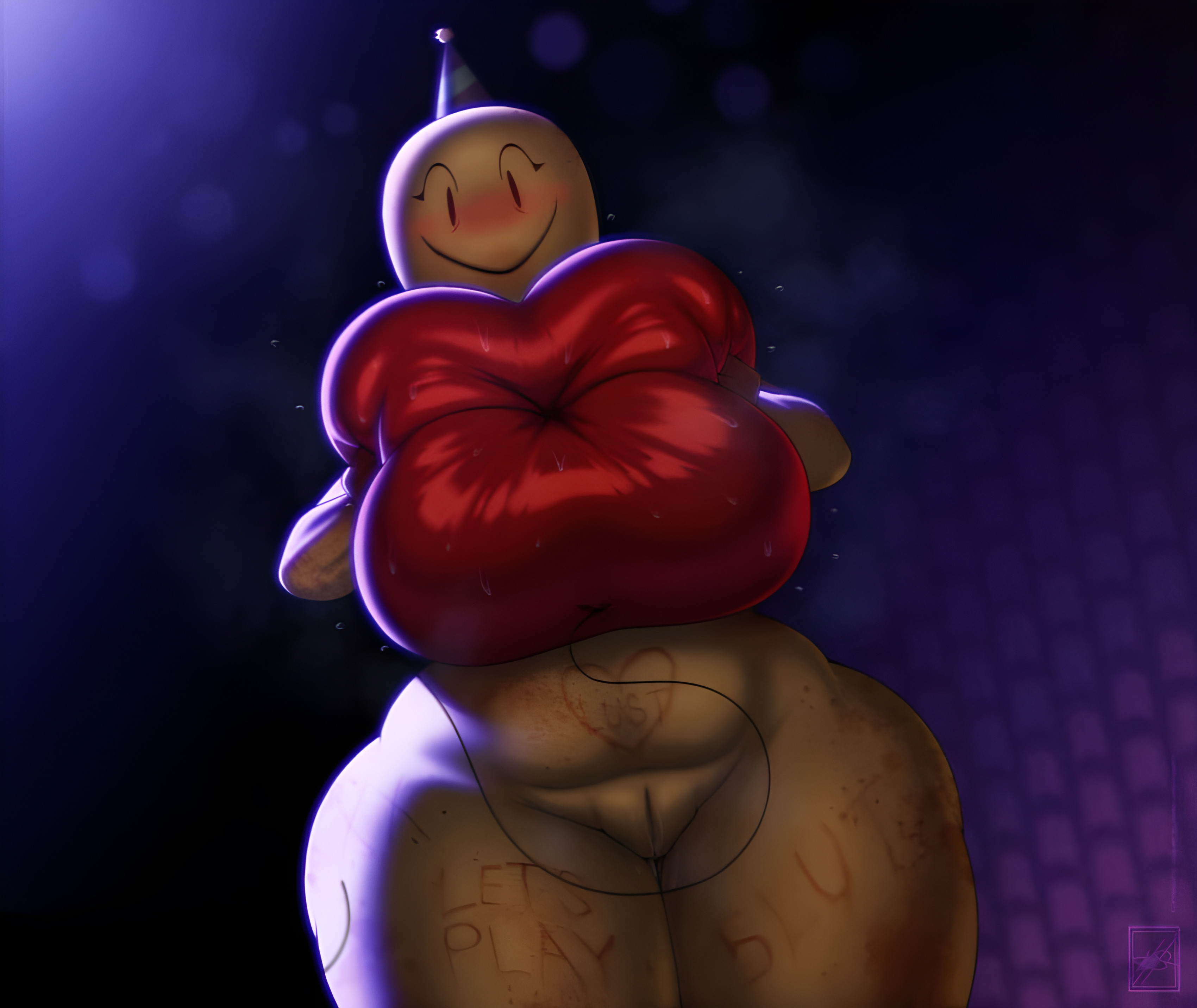 1girls, balloon, blush, body writing, female, female only, hat, huge thighs, infected, looking at viewer, low-angle view, naked, naked female, partygoer (the backrooms), pussy, solo, the backrooms, uncensored, vagina, walter sache, wide hips, yellow skin, yellow-skinned female