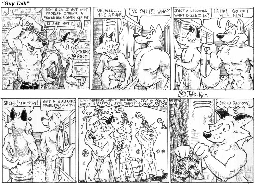 abs animal_genitalia anthro balls basketball canid canine canis casual_nudity cheetah closet_coon clothing colin_young comic communal_shower dialogue digital_media_(artwork) duo_focus english_text felid feline fox fully_sheathed genitals group humor infatuation leafdog locker locker_room male mammal monochrome muscular muscular_male mustelid nude otter penis penis_tip procyonid raccoon rick_mooney sheath shower text thought_bubble towel underwear undressing wolf