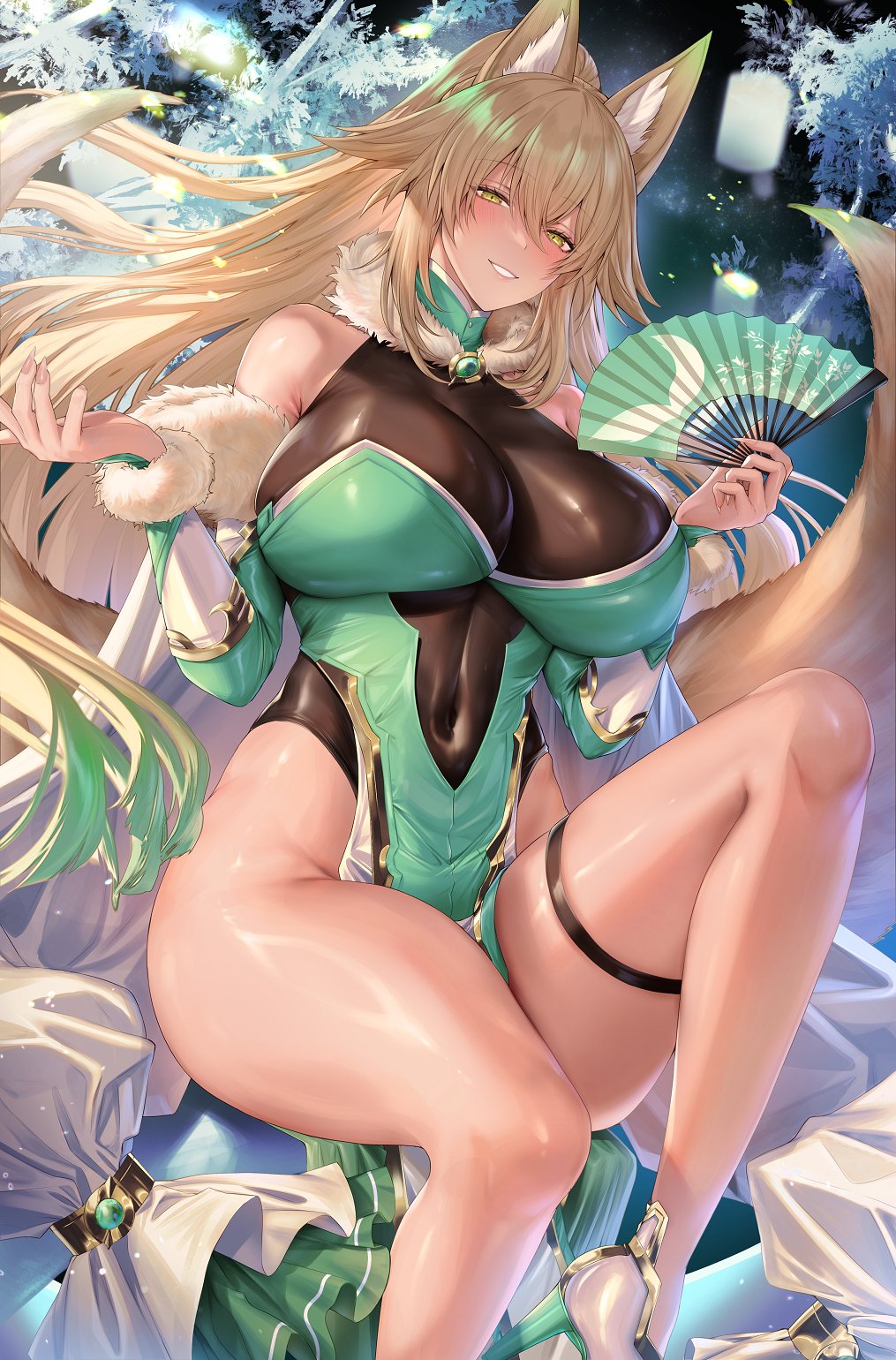 1girls 2022 2d 2d_(artwork) big_breasts big_thighs blonde_fur blonde_hair blonde_tail blush breasts bridal_gauntlets choker cleavage covered_nipples ear fan female female_focus female_only fingernails fox_ears fox_girl fox_tail fox_tailx gauntlets glistening glistening_body glistening_skin gomi_(hakumaiteacher) green_clothing green_high_heels hand_fan hi_res high_heels highres hips huge_breasts huge_thighs large_breasts large_thighs leotard light-skinned_female light_skin loincloth long_ears long_fingernails looking_at_viewer massive_breasts midriff navel neck_tuft original original_character pointy_ears sharp_fingernails sitting skindentation slim_waist smile smiling smiling_at_viewer solo solo_female solo_focus suirin_(tukikagerou) thick_thighs thigh_strap wide_hips yellow_eyes