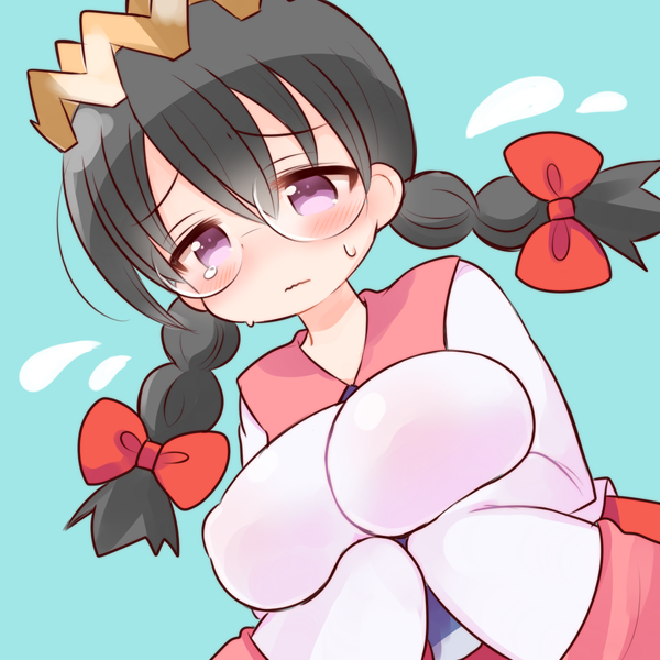 arms_under_breasts big_breasts black_hair blush braid breasts clothing crown cute female fully_clothed glasses hair_ribbon holding_breast holding_own_breast kirby_(series) kirby_64 long_sleeves nervous nintendo purple_eyes queen_ripple solo source_request sweat twin_braids unknown_artist