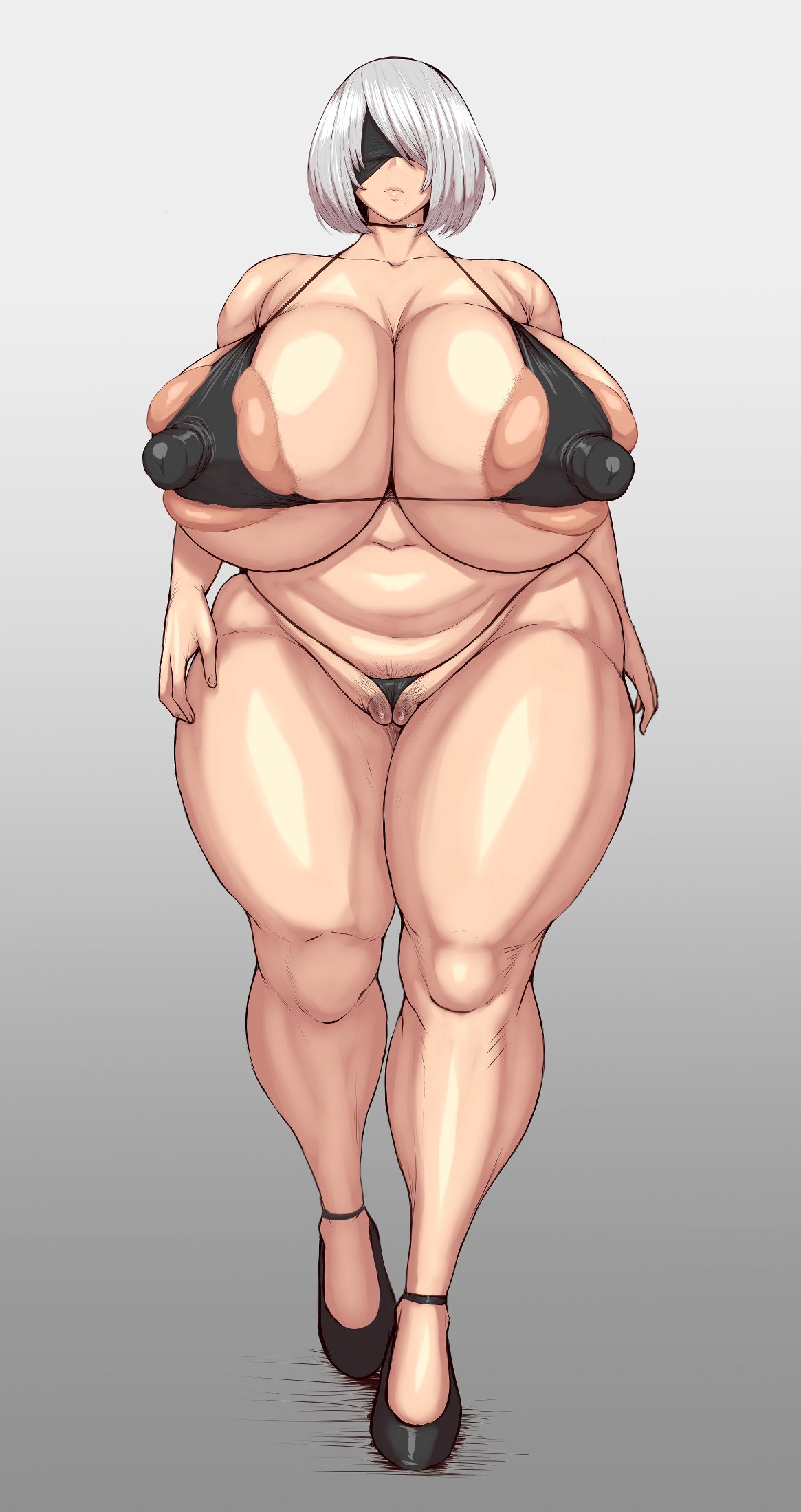 beauty mark, bikini, bikini top, blindfold, breasts, erect nipples, eye covered, female, hairy pussy, high heels, huge breasts, large breasts, massive breasts, nier: automata, nipples, nipples visible through clothing, overweight, plump, plump breasts, plump thighs, ponkotsuu, pussy, short hair, taller female, venus body, voluptuous, white hair, yorha 2b