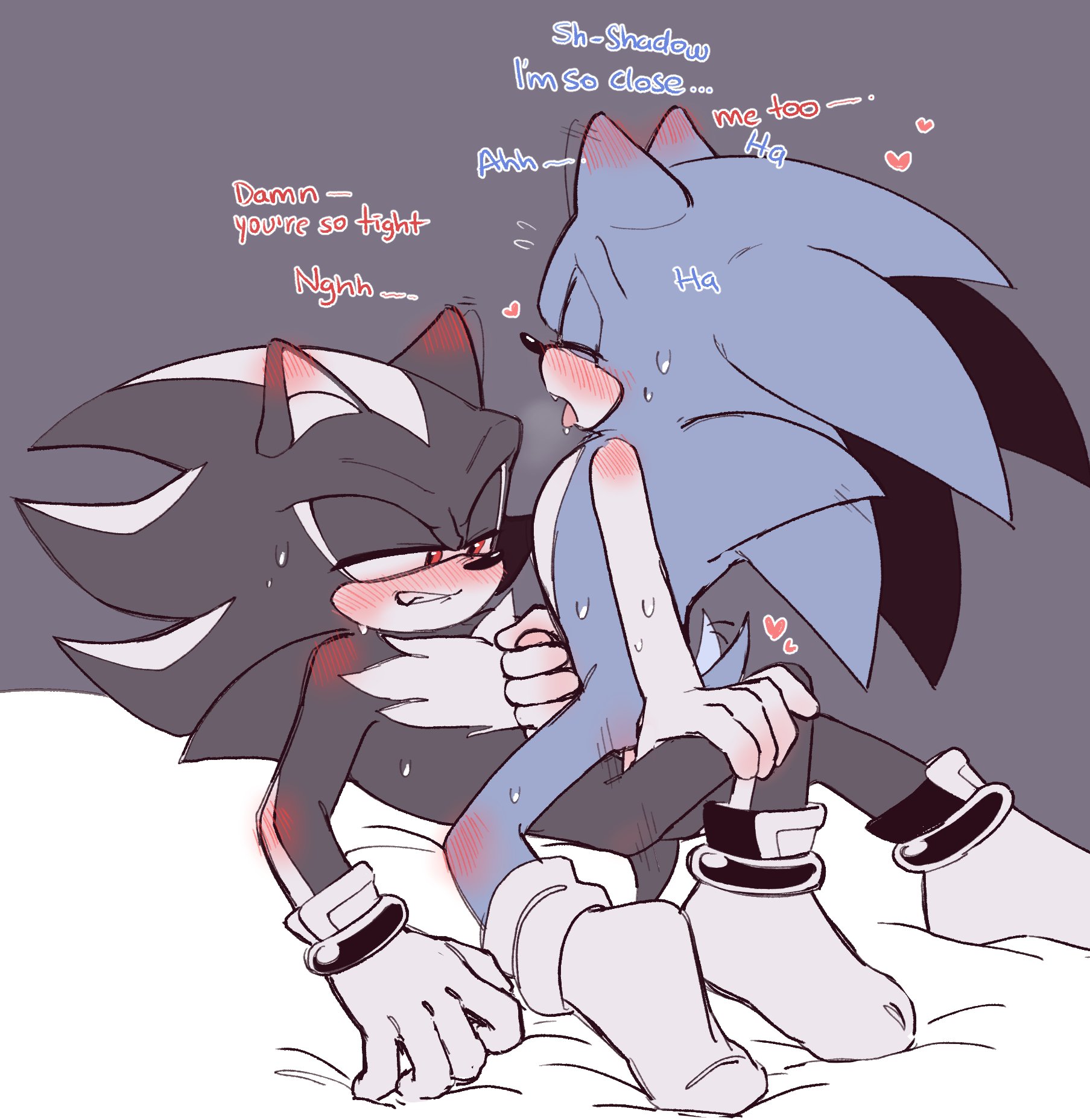 anal, anal sex, anthro, blushing male, bottom up top down, cowboy position, furry, gay, gay sex, handjob, male, penetration, penis, shadow the hedgehog, sonadow, sonadoww, sonic (series), sonic the hedgehog, sonic the hedgehog (series), yaoi