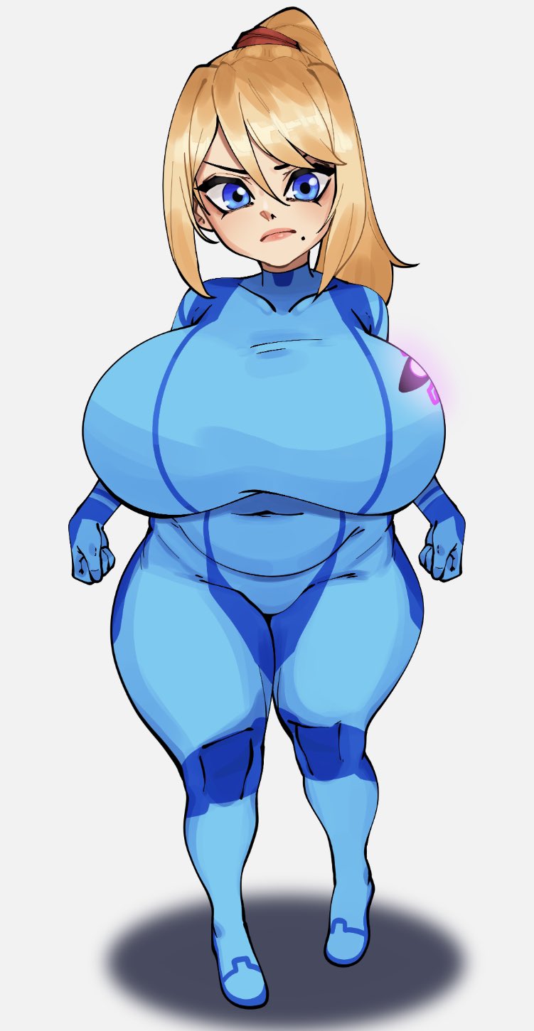 alternate_body_type beauty_mark blonde_hair blue_eyes height_reduction huge_breasts mass_redistribution metroid nintendo permanent_transformation plump ponytail samus_aran short_girl shortstack shortstackification skin_tight strongmoist thick_thighs tight_clothing transformation voluptuous wide_hips