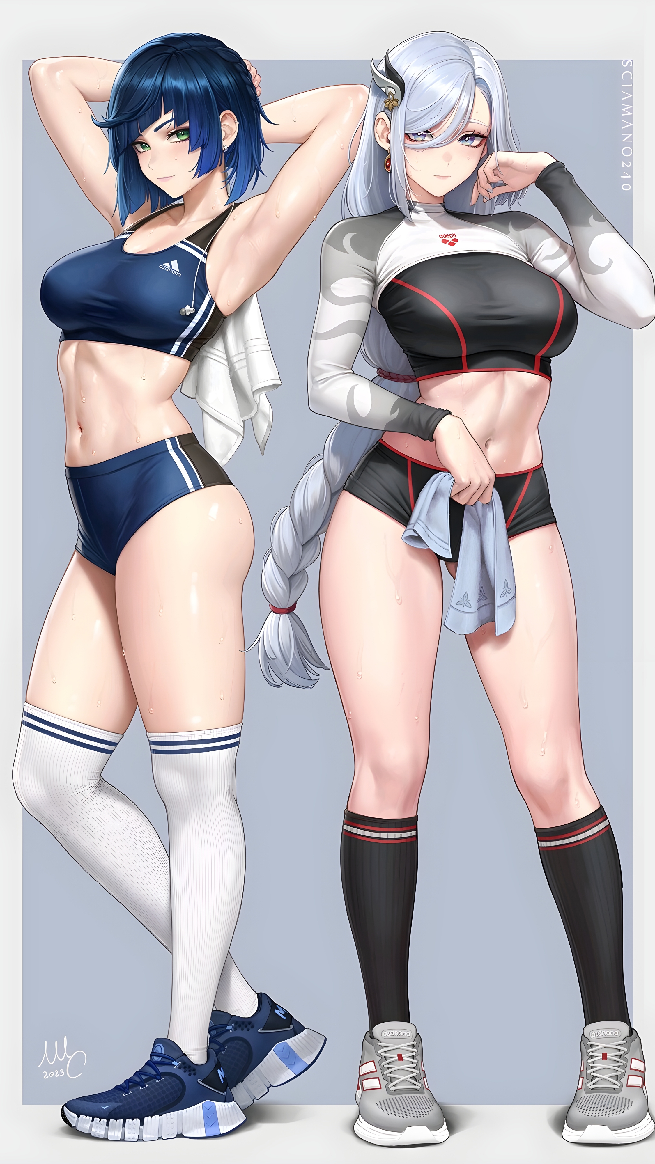 2girls, abs, armpits, arms up, ass, breasts, female, female only, full body, genshin impact, high resolution, large breasts, multiple females, multiple girls, sciamano240, shenhe (genshin impact), shorts, sports bra, sportswear, standing, sweat, tagme, yelan (genshin impact)