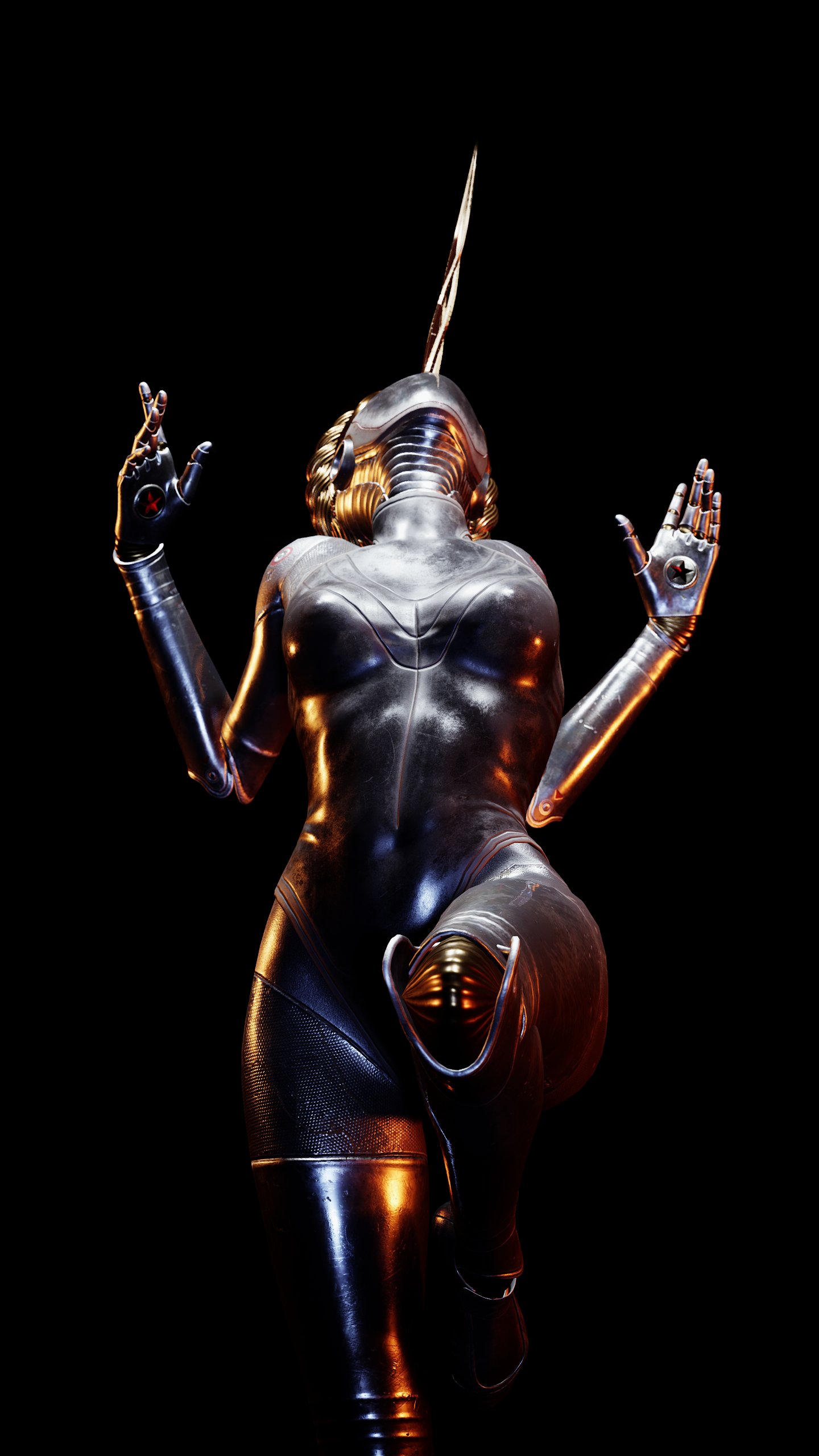 1girls, 3d, 6vac1, arched back, ass, atomic heart, female, female only, forehead horn, forehead jewel, gynoid, horn, horned humanoid, on one leg, right (atomic heart), robot girl, solo, taller female, the twins (atomic heart), thick ass, thick thighs, unicorn, unicorn horn, wide hips