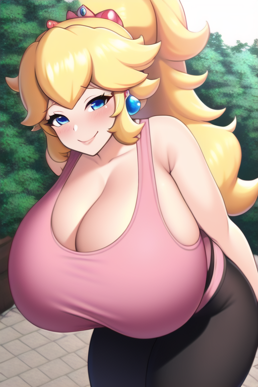 1girls ai_generated blonde_hair busty female female_only huge_breasts large_breasts mario_(series) nai_diffusion nintendo park pink_tank_top ponytail princess_peach seductive_smile solo stable_diffusion tank_top yoga_pants