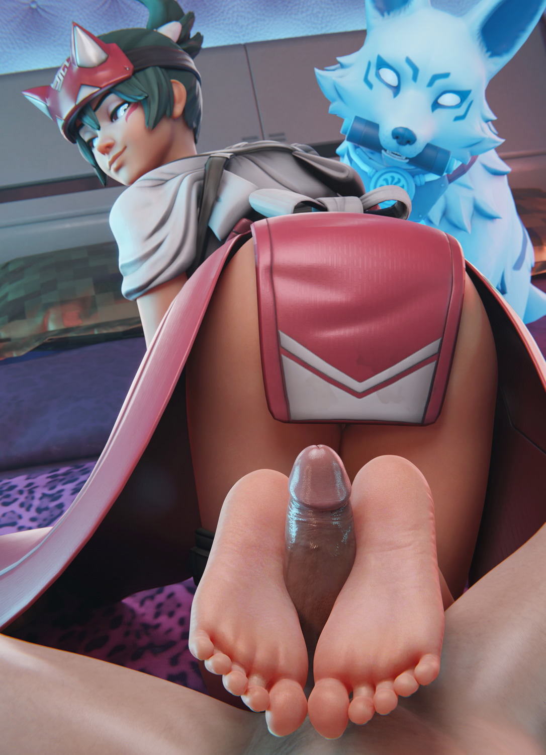 3d, blender, feet, female, foot fetish, footjob, fox, green hair, gretdb, kiriko (overwatch), kiriko kamori, kitsune, kitsune (overwatch), looking at viewer, male, male pov, overwatch, overwatch 2, partial male, pov, soles, tagme