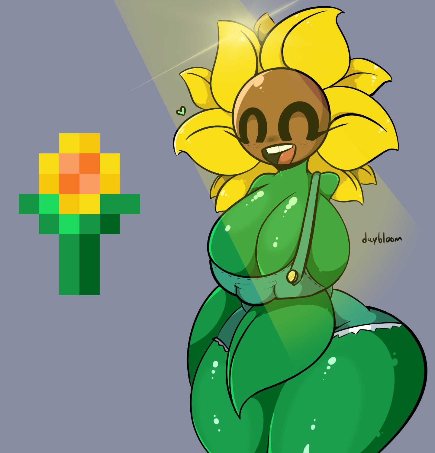 <3 ^_^ anthro big_breasts breasts buckteeth clothed clothing daybloom_(terraria) eyelashes female flower flower_girl happy heart herb overalls plant plant_girl plant_humanoid sunflower sunlight sunlight_rays terraria thick_thighs treshbaggy