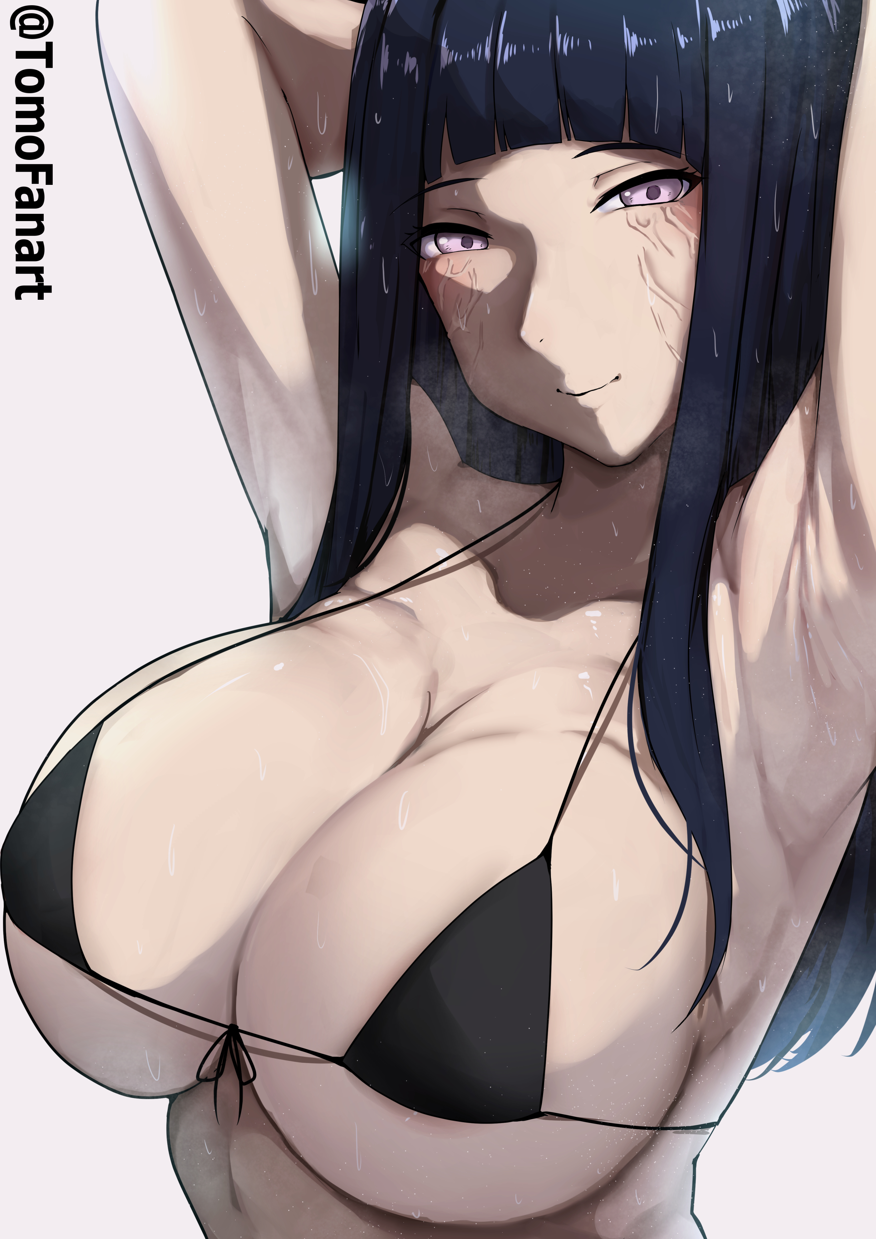 1girls, alternate version available, armpit crease, armpit fetish, armpits, arms behind head, arms up, asian, asian female, bedroom eyes, big breasts, bikini, bikini top, black swimsuit, blue hair, blush, breasts, busty, byakugan, cleavage, female, female focus, female only, hi res, high resolution, highres, huge breasts, hyuuga hinata, hyuuga hinata (naruto: the last), large breasts, light skin, light-skinned female, lips, lipstick, long hair, looking at viewer, makeup, micro bikini, narrowed eyes, naruto, naruto (series), naruto shippuden, naruto: the last, oppai, pale skin, pale-skinned female, perky breasts, pink eyes, pink lips, pink lipstick, pinup, pose, posing, purple eyes, seductive, seductive eyes, seductive look, seductive smile, sexy armpits, shounen jump, skimpy, skimpy bikini, smile, smiling, smiling at viewer, solo, solo female, solo focus, standing, swimsuit, teenager, tomodachi (tomofanart), violet eyes, voluptuous, white background