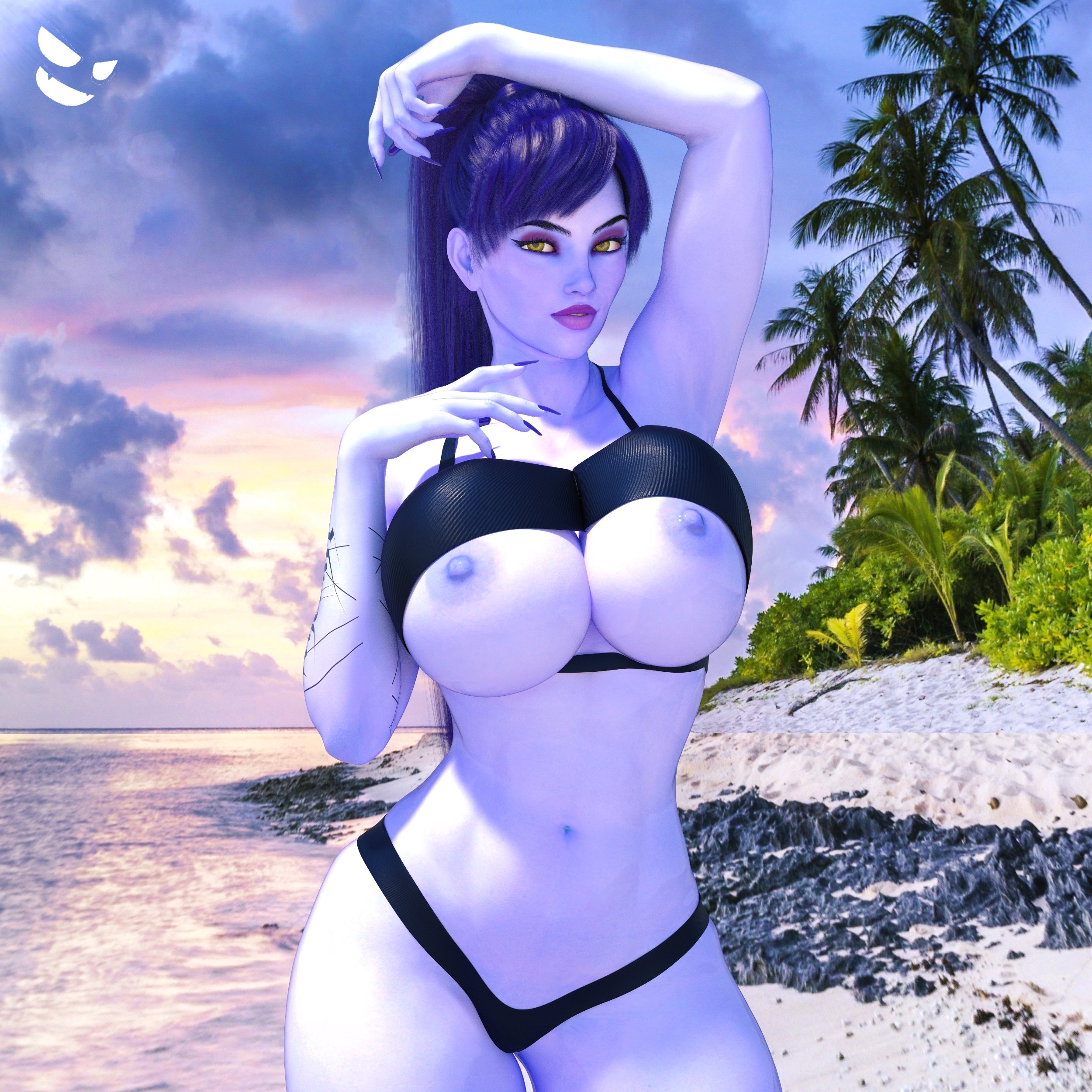 1girls, 3d, abs, amelie lacroix, ass, big ass, big breasts, bikini, blizzard entertainment, blue skin, breasts, breasts out, cleavage, exposed breasts, female, female only, gm studios, large breasts, overwatch, ponytail, purple hair, purple skin, solo, swimsuit, thick thighs, wide hips, widowmaker
