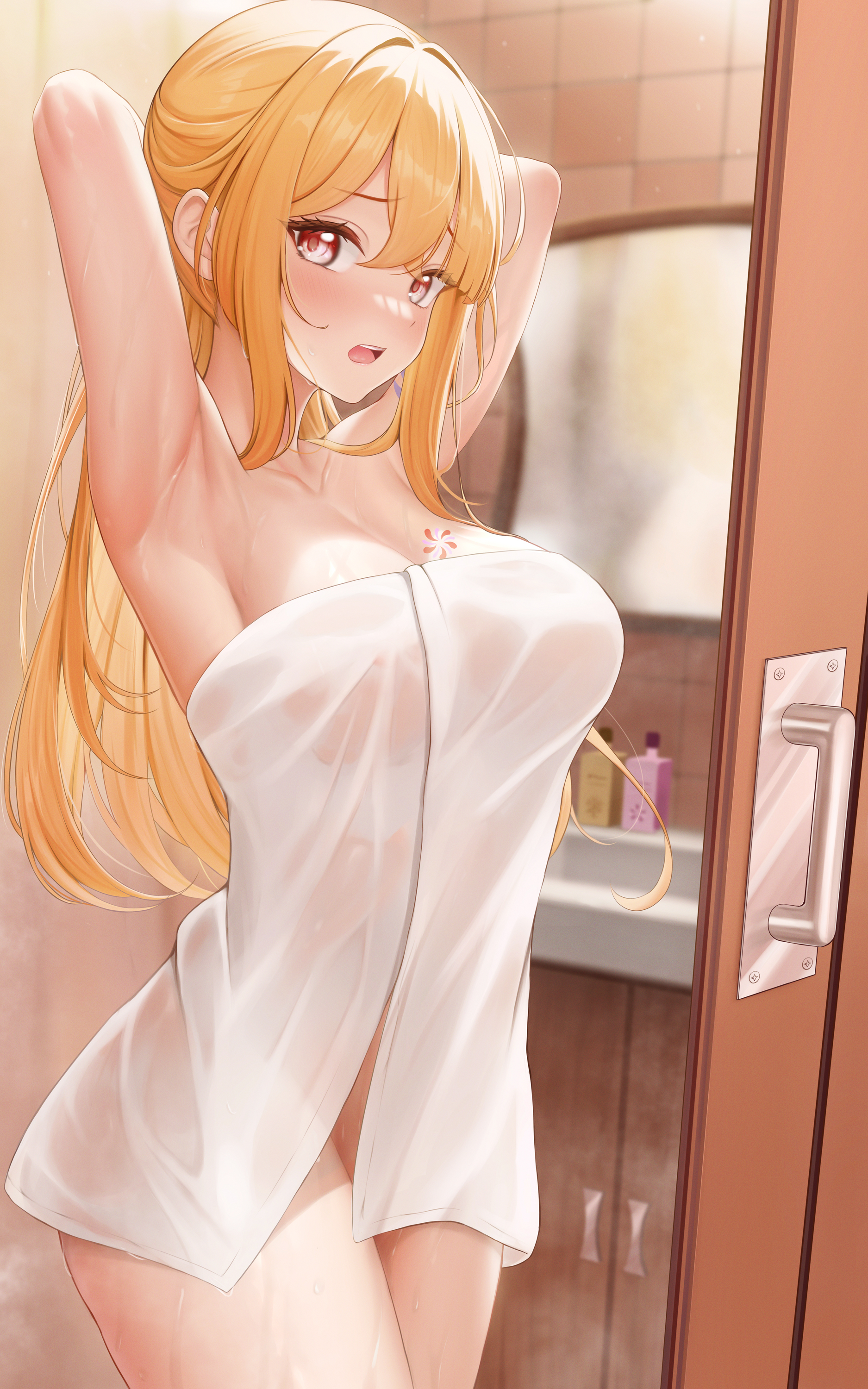 after shower, arayuki (sakurafubuki), armpits, bathroom, blush, breasts, busty, embarrassed, female, female only, genshin impact, hi res, large breasts, looking at viewer, orange hair, pov, red eyes, towel, tying hair, walk-in, wet, yoimiya (genshin impact)