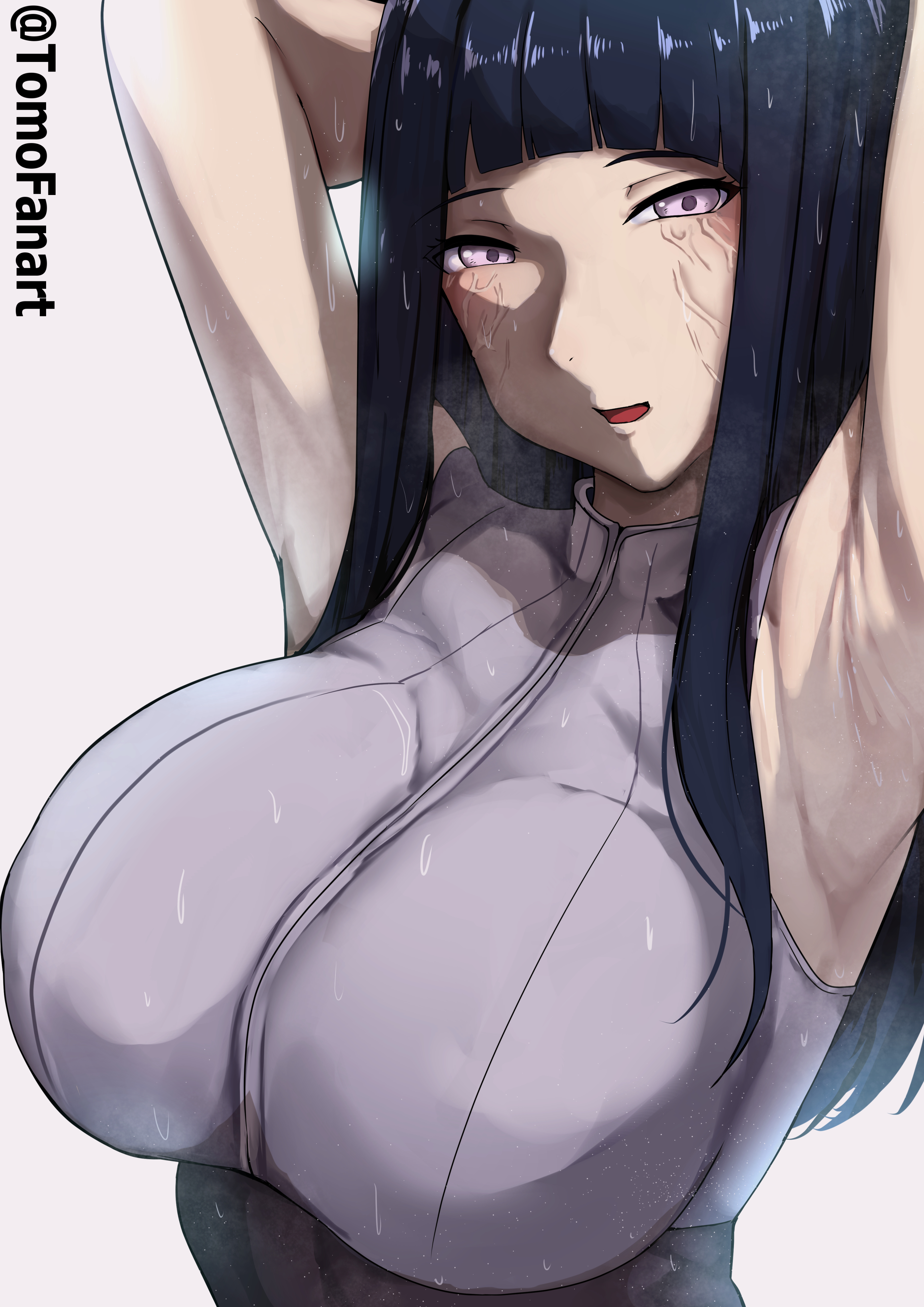 1girls, alternate version available, armpit crease, armpit fetish, armpits, arms behind back, arms up, bare arms, bedroom eyes, big breasts, blue hair, blush, breasts, busty, byakugan, clothed, clothing, female, female focus, female only, fully clothed, hi res, high resolution, highres, huge breasts, hyuuga hinata, hyuuga hinata (naruto: the last), large breasts, light skin, light-skinned female, long hair, looking at viewer, narrowed eyes, naruto, naruto (series), naruto shippuden, naruto: the last, open mouth, pale skin, pale-skinned female, perky breasts, pose, posing, purple eyes, seductive, seductive eyes, seductive look, seductive smile, shounen jump, sleeveless, sleeveless shirt, smile, smiling, smiling at viewer, solo, solo female, solo focus, standing, teenager, tight clothing, tomodachi (tomofanart), violet eyes, voluptuous, white background