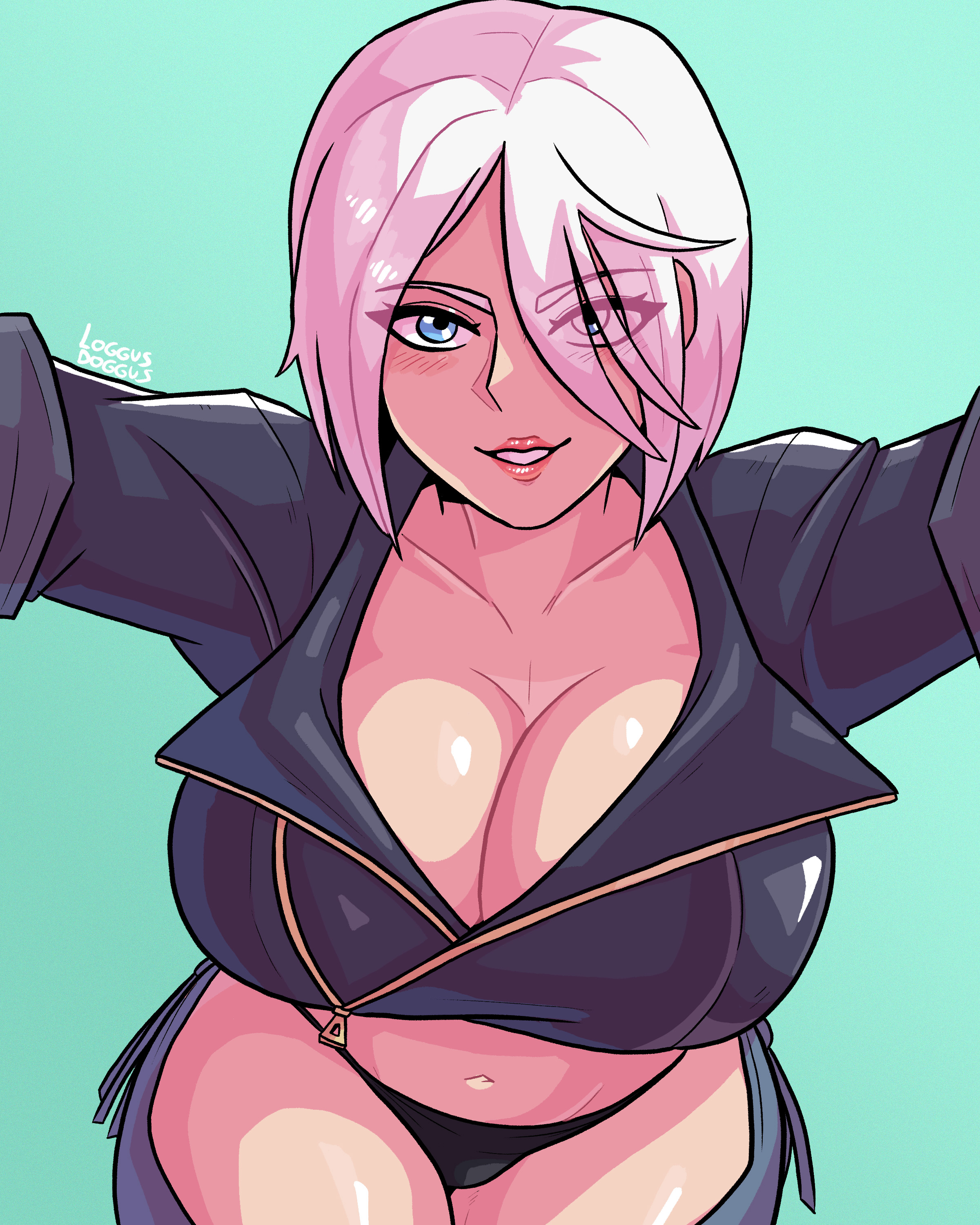 angel (kof), bent over, blush, breasts, cleavage, female, king of fighters, large breasts, leather jacket, loggus doggus, one eye covered, pov, pov eye contact, seducing, seductive, short hair, smirk, white hair, wide hips