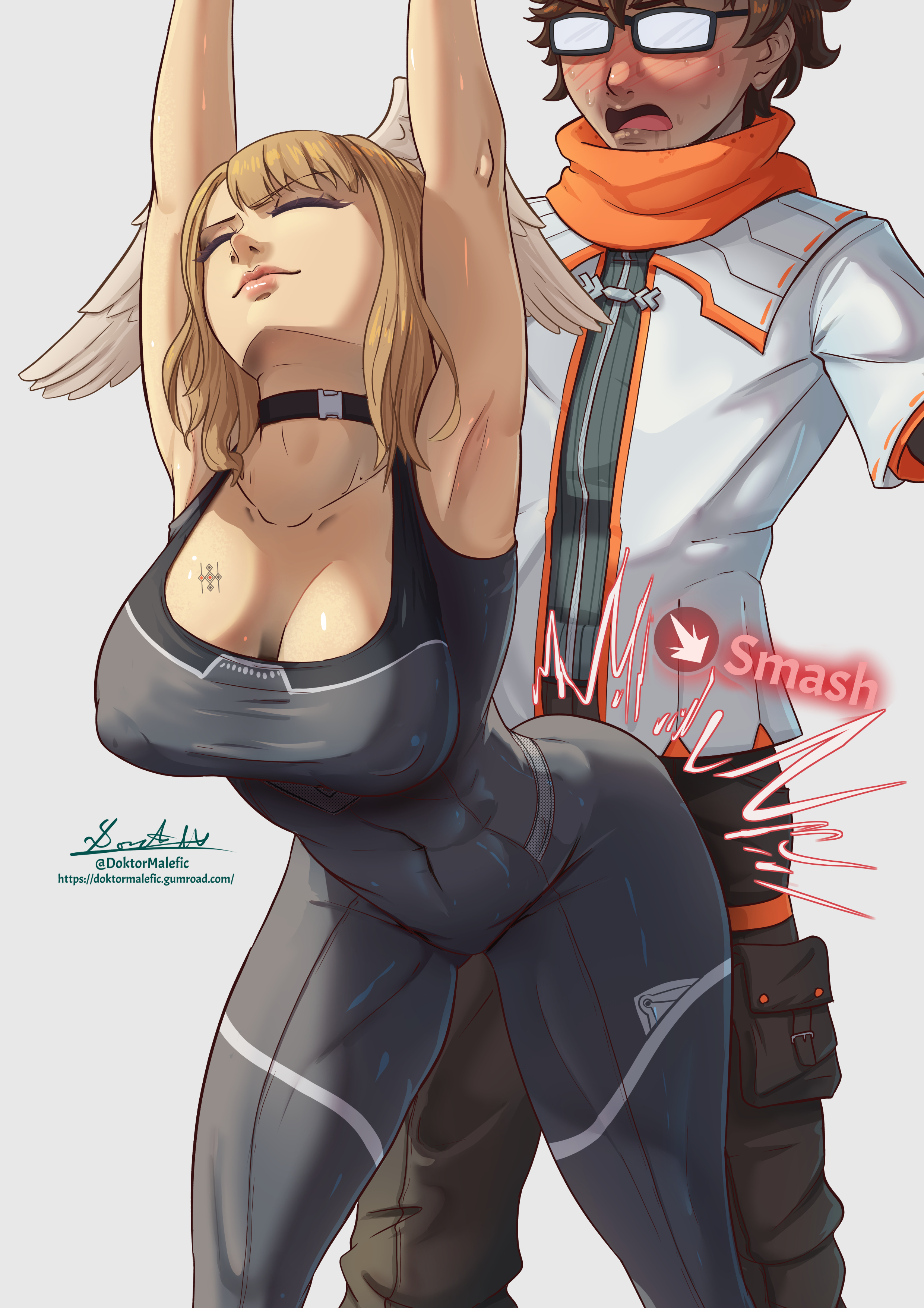 1boy, 1girls, armpits, arms up, ass, assertive, assertive female, assjob, big ass, big breasts, big butt, blush, breasts, brown hair, buttjob, buttjob over clothes, cammy stretch, clothed, clothing, color, colored, dark skin, dark-skinned male, doktor malefic, eunie (xenoblade), female, femdom, flustered, glasses, grinding, head wings, hot dogging, light skin, light-skinned female, lips, lipstick, looking up, male, short hair, straight, sweat, sweatdrop, sweating, sweaty, taion (xenoblade), thick ass, thick thighs, thighs, tight clothing, wings, xenoblade (series), xenoblade chronicles 3