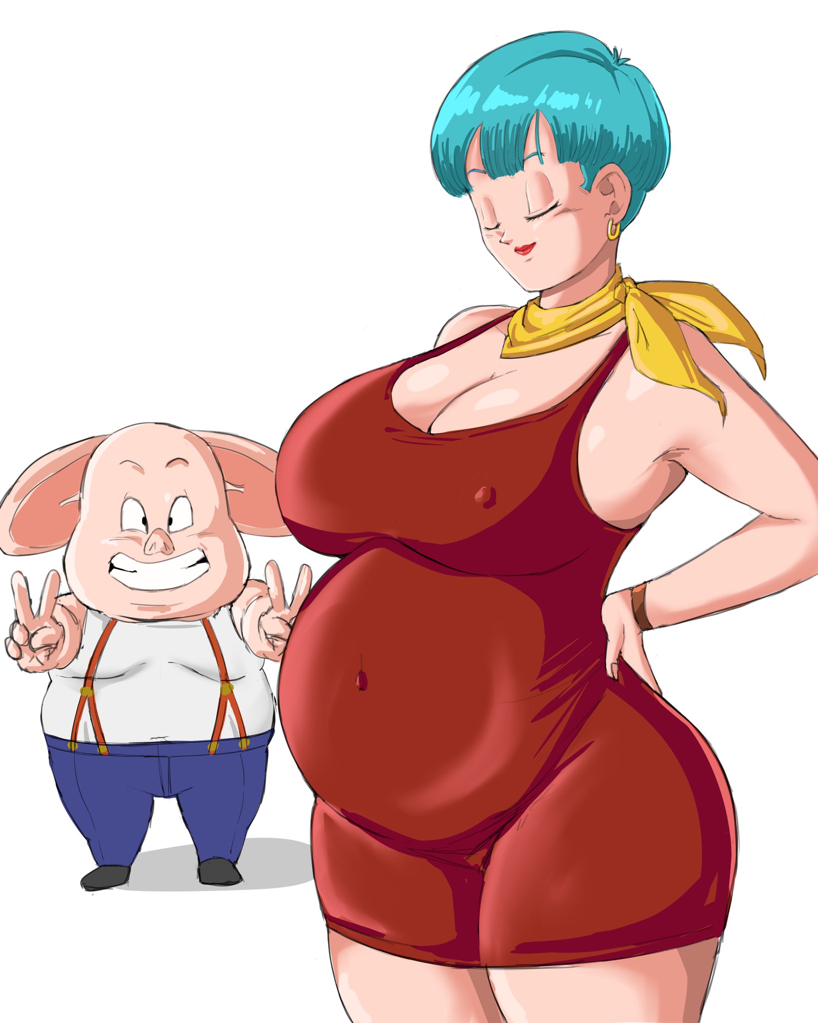 1animal, 1girls, ass, big ass, big breasts, breasts, bulma briefs, cheating, cheating female, cheating wife, child bearing hips, dragon ball, female, interspecies pregnancy, larger female, lipstick, male, milf, nipples visible through clothing, oolong, panarandom, pig, pregnant, red dress, short hair, size difference, smaller male, taller female, thick thighs