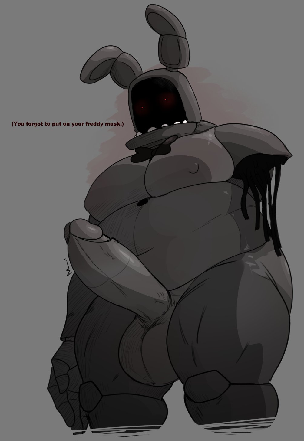 animatronic anthro balls belly big_balls big_penis bow_tie english_text erection five_nights_at_freddy's five_nights_at_freddy's_2 genitals grey_background greyscale hi_res humanoid_genitalia humanoid_penis lagomorph leporid locitony looking_at_viewer machine male male_only mammal missing_arm monochrome moobs musclegut navel nipples nude penis rabbit red_eyes robot scottgames simple_background teeth text withered_bonnie