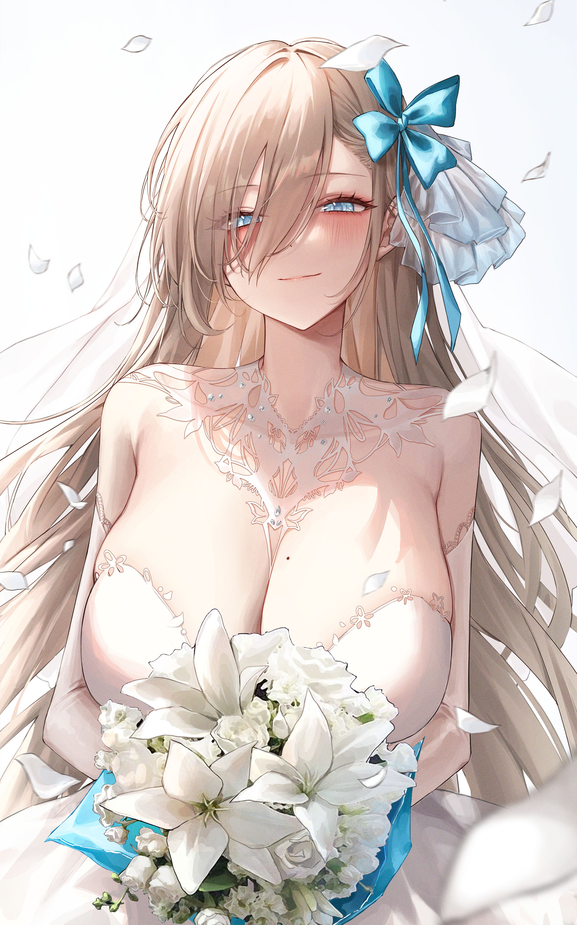 asuna (blue archive), bangs, beauty mark, beauty mark on breasts, big breasts, blonde hair, blue archive, blue eyes, blue ribbon, blush, bouquet, breasts, bridal gauntlets, bridal veil, bride, cleaning & clearing (blue archive), falling petals, female, first person view, happy, large breasts, looking at viewer, marriage, millennium science school student, mohaka, ribbon, smile, smiling, smiling at viewer, wedding dress, wedding veil, white background, wholesome