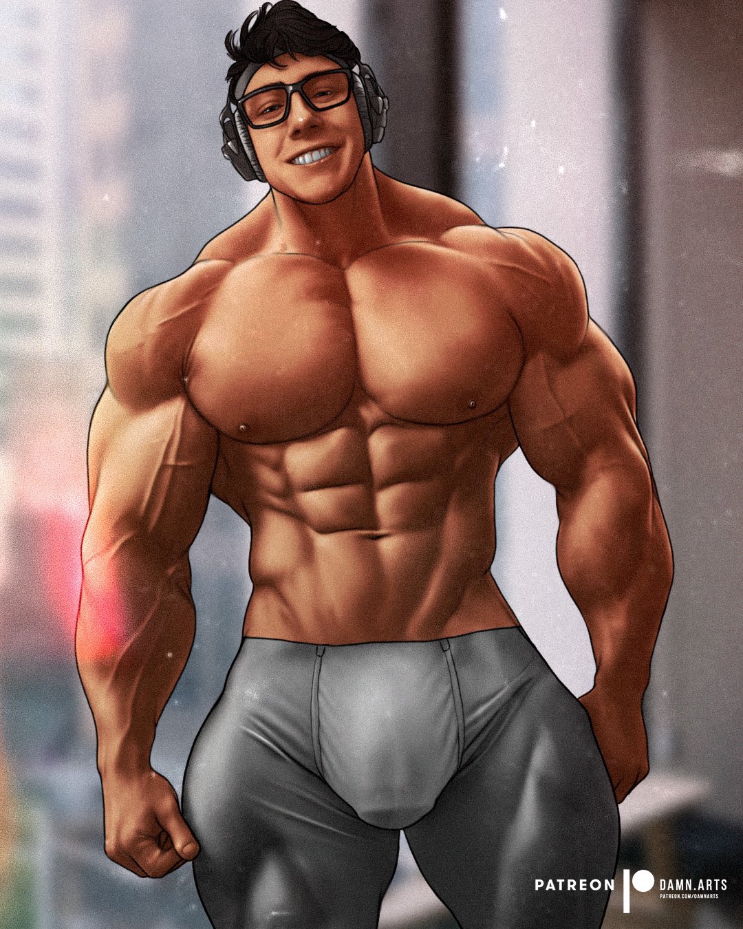 abs biceps big_bulge big_chest big_pecs bodybuilder bulge bulging_biceps calilum damnarts glasses huge_bulge huge_chest huge_pecs looking_at_viewer male male_only muscles muscular muscular_male pecs penis_outline real_person smiling_at_viewer smooth_chest smooth_skin