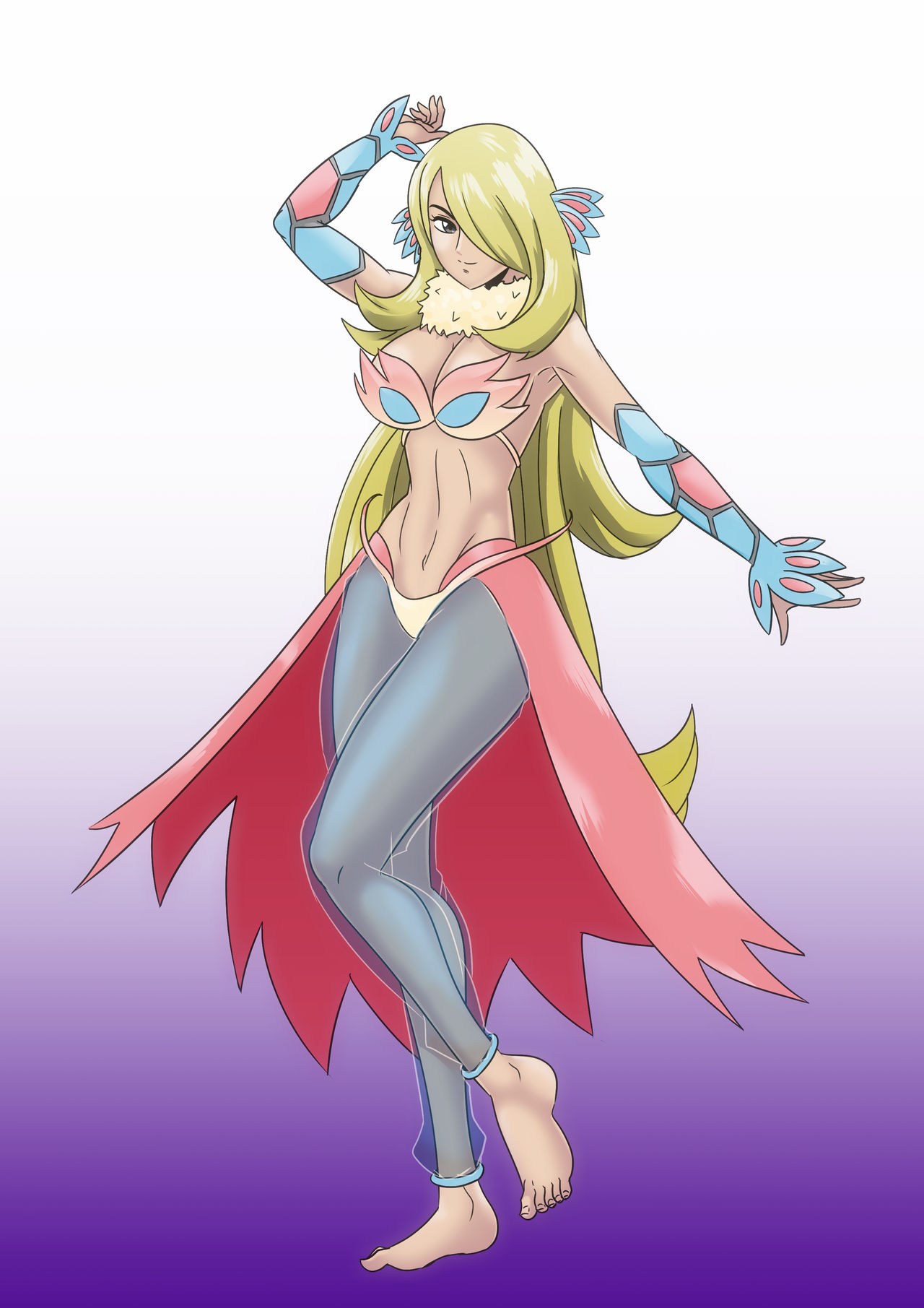 1girls barefoot belly_dancer belly_dancer_outfit blonde_hair brown_eyes clothed clothed_female cosplay cynthia_(pokemon) detached_sleeves hair_over_one_eye harem_girl harem_outfit harem_pants long_hair milotic_(cosplay) pokemon pokemon_(cosplay) wadevezecha