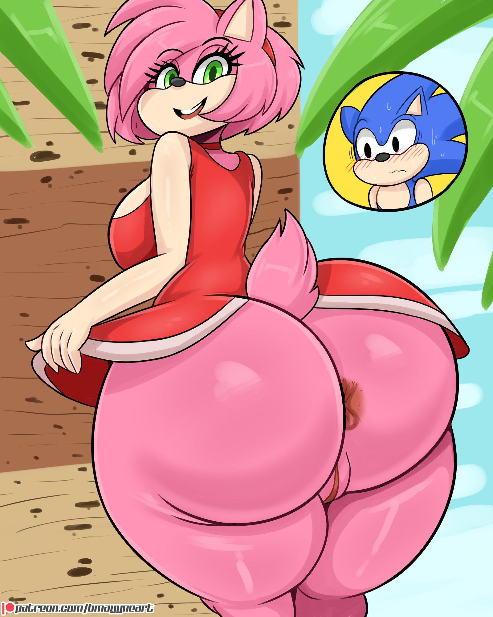 1boy, 1girls, 2020s, 2023, 20s, 5 fingers, amy rose, animal ears, anthro, anthro only, anthrofied, anus, ass, big ass, big butt, black nose, bmayneart, bottom heavy, bottomless, breasts, bubble ass, bubble butt, clothed, clothing, digital drawing (artwork), digital media (artwork), dress, dress lift, eulipotyphlan, eyebrows, eyebrows visible through hair, eyelashes, fat ass, fat butt, female, female focus, genitals, girly, going commando, green eyes, hairband, hedgehog, hedgehog girl, hi res, huge ass, humanoid genitalia, humanoid hands, humanoid penis, humanoid vagina, large ass, large butt, looking at viewer, looking back, male, mammal, massive ass, massive butt, miniskirt, multicolored fur, no panties, no underwear, open mouth, open smile, penis, pink fur, plump ass, pussy, red dress, round ass, round butt, sega, short skirt, skirt, skirt lift, solo focus, sonic (series), sonic the hedgehog, sonic the hedgehog (series), sweat, tail, tan fur, thick, thick ass, thick thighs, twitter, two-tone fur, vagina, video games, wide hips