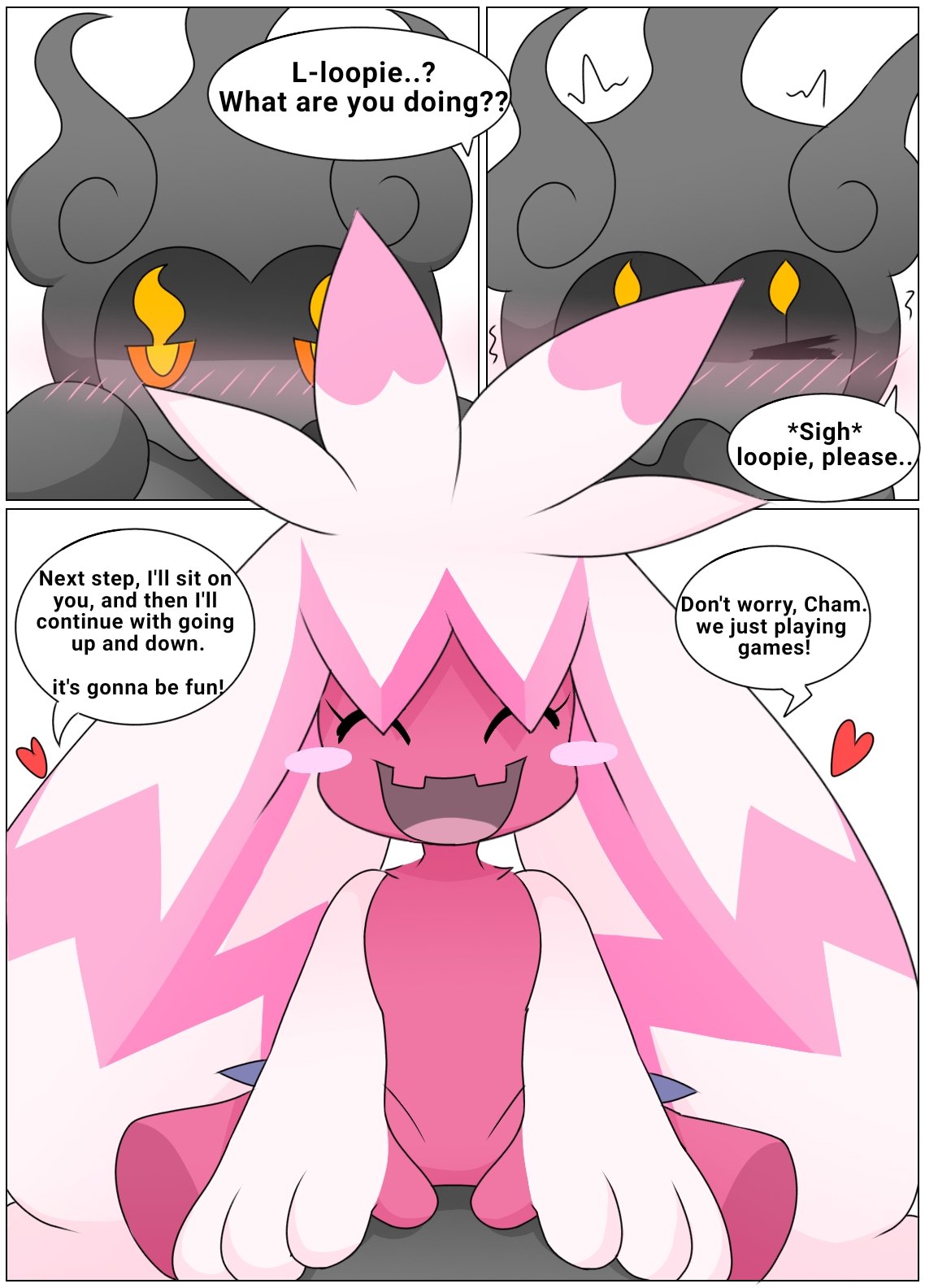 2023 black_fur blush comic dialogue game_freak generation_7_pokemon generation_9_pokemon marshadow nakachidragon nintendo page_2 pink_fur pink_hair pokémon_(species) pokemon pokemon_sv suggestive text tinkaton