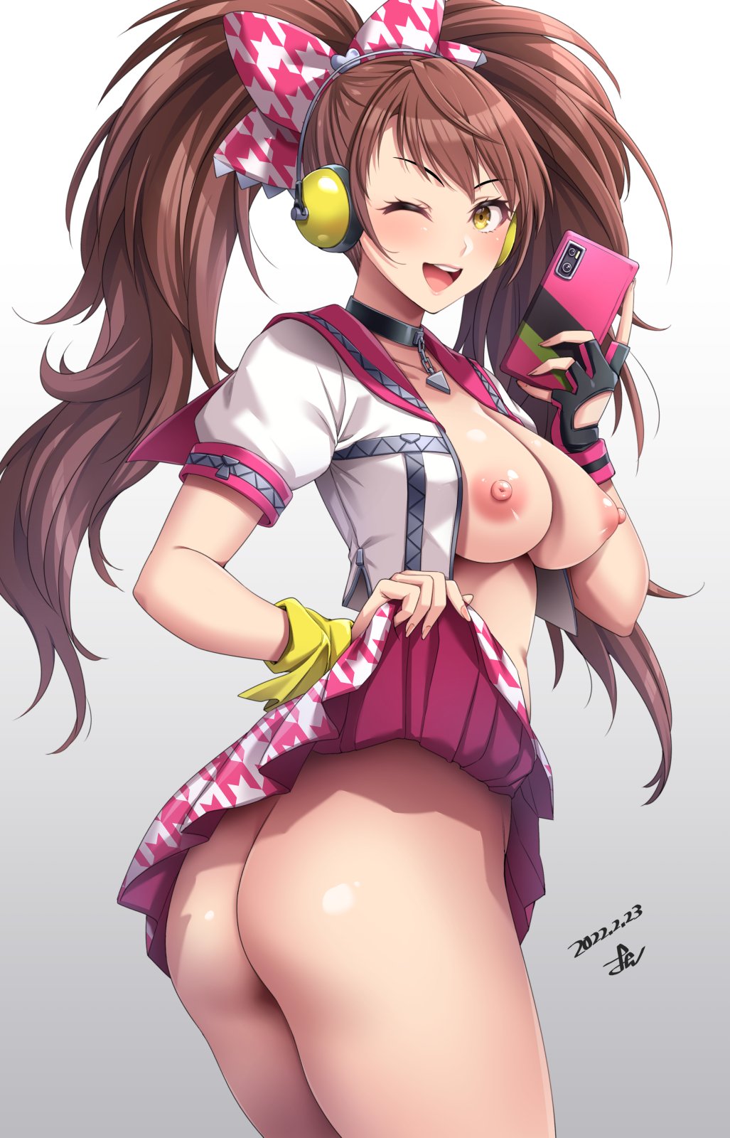 1girls ass breasts_out brown_hair gloves headphones kujikawa_rise looking_at_viewer one_eye_closed open_mouth persona persona_4 persona_4:_dancing_all_night phone skirt twintails yellow_eyes