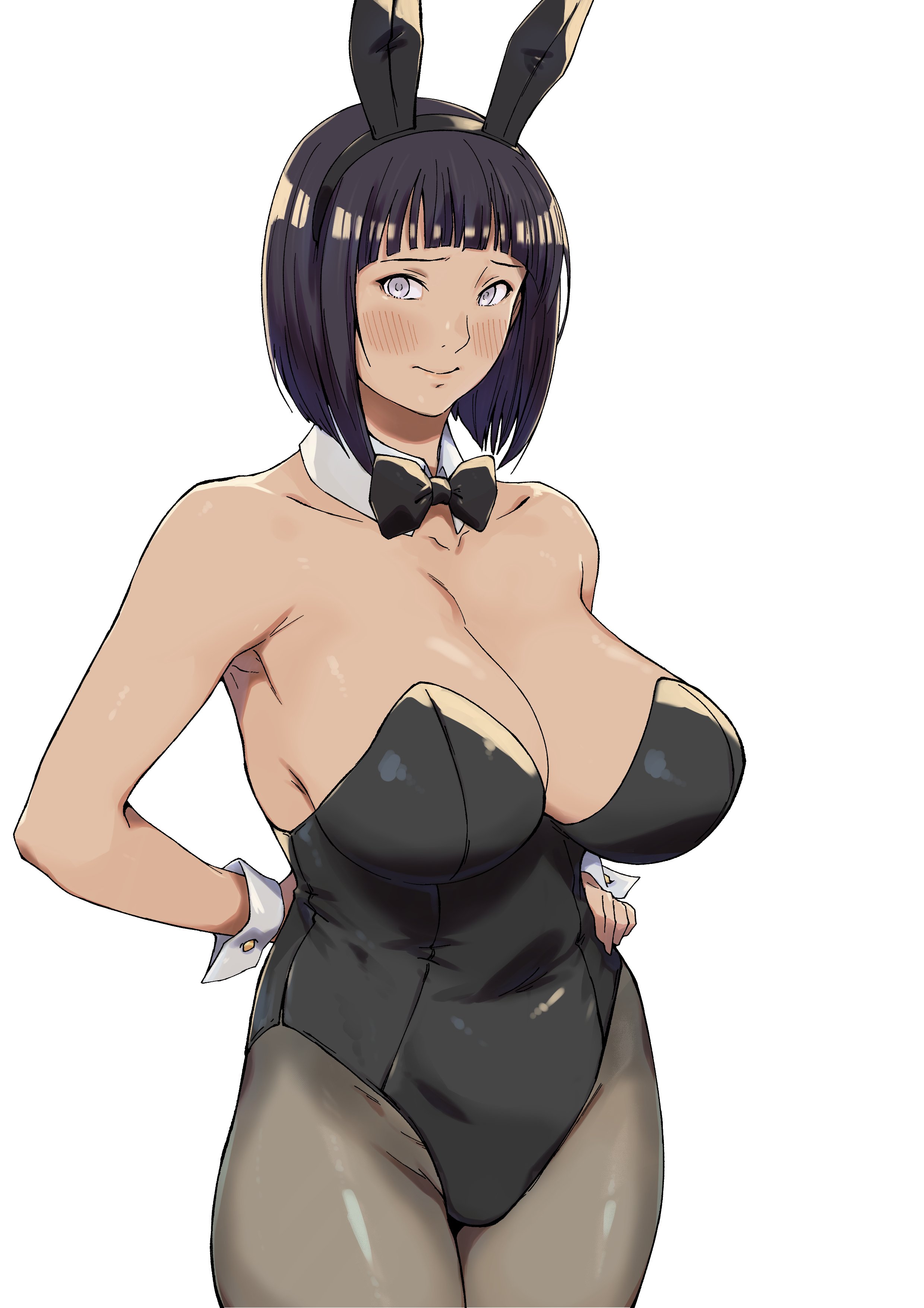 1girls, arad baranga, bare arms, bare shoulders, belly, belly button, big breasts, blue hair, blush, bob cut, boruto: naruto next generations, bowtie, breasts, bunny costume, bunny ears, bunny girl, bunnysuit, busty, cleavage, clothed, clothing, collar, cuffs, cute, fake animal ears, female, female focus, female only, hairband, hi res, high resolution, highres, hyuuga hinata, inner sideboob, large breasts, legwear, light skin, light-skinned female, lips, lipstick, looking to the side, makeup, mature, mature female, medium hair, milf, naruto, naruto (series), naruto shippuden, no bra, pale skin, pale-skinned female, pantyhose, pink lips, pink lipstick, pinup, shoulder length hair, shounen jump, sideboob, skimpy, skimpy clothes, solo, solo female, solo focus, standing, uzumaki hinata, voluptuous, white background