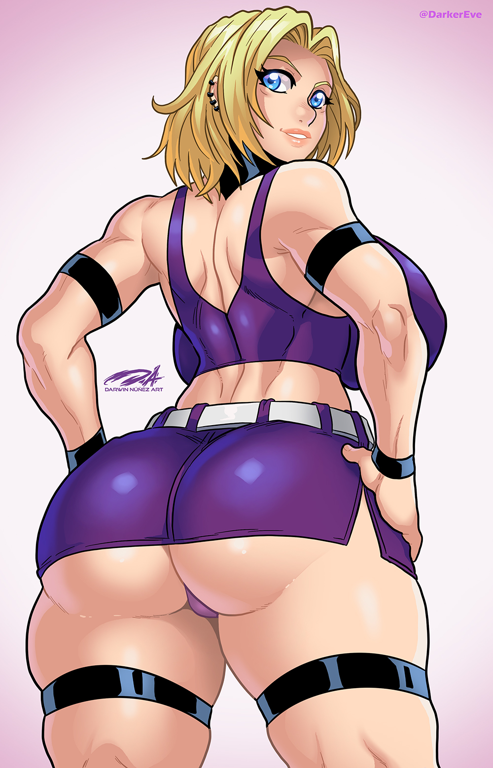 1girls, armband, art trade, ass, back view, big breasts, blonde hair, blue eyes, breasts, darkereve, female, female only, hands on hips, hi res, legband, light skin, light-skinned female, looking at viewer, looking back, looking back at viewer, medium hair, miniskirt, original, original character, rear view, skirt, smiling, smiling at viewer, solo, thick ass, thick thighs, thigh squish, three-quarter portrait, topwear, underass, wristband