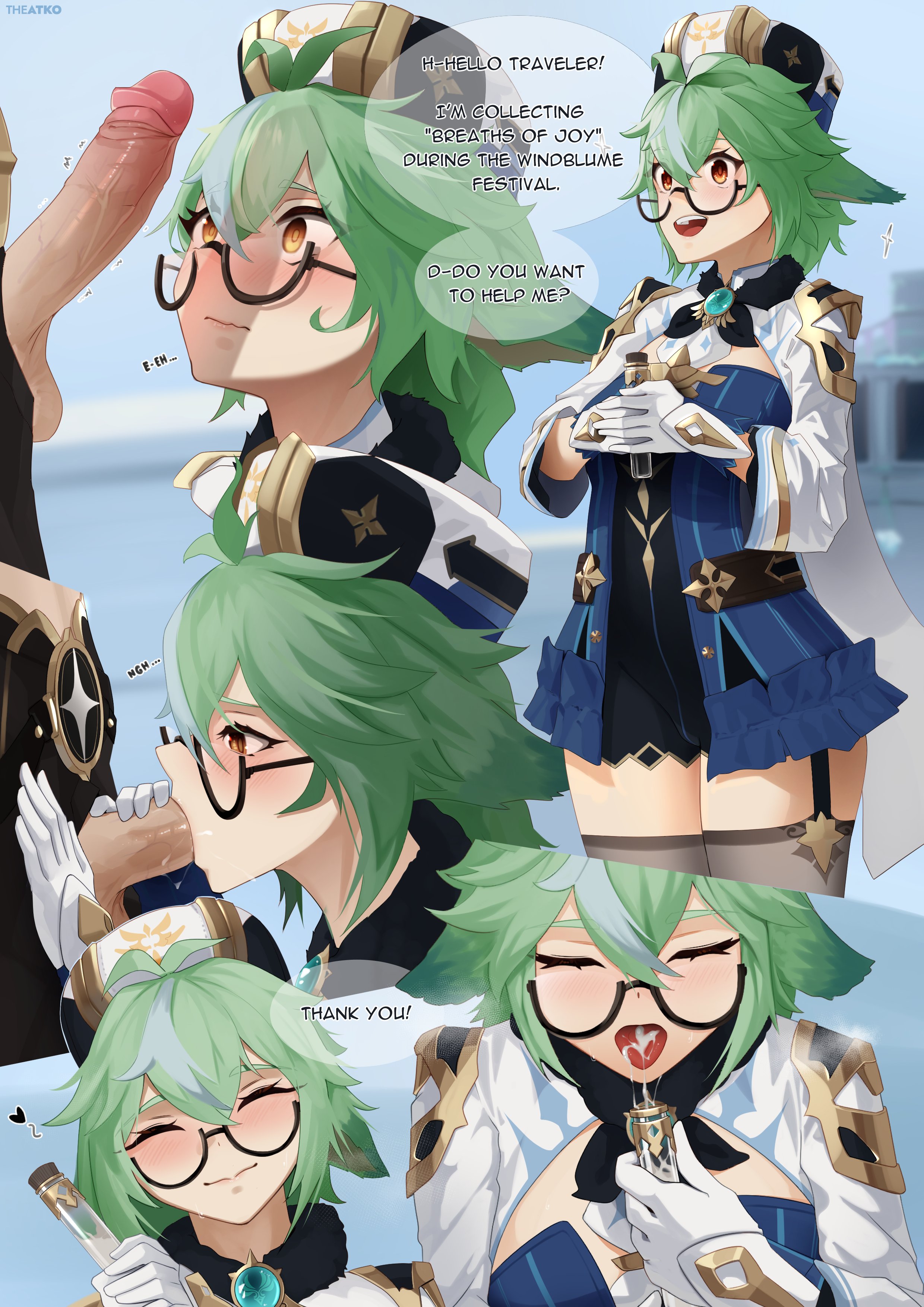 1boy, 1girls, aether (genshin impact), animal ears, blowjob, blush, clothed, comic, cum, cum in mouth, dialogue, female, genshin impact, glasses, gloves, green hair, hair ornament, hat, male, open mouth, penis, penis awe, short hair, smile, standing, sucrose (genshin impact), the atko, uncensored, yellow eyes