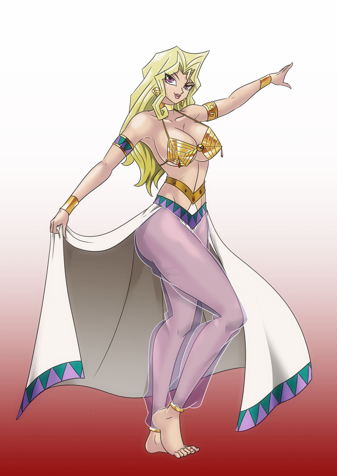 1girls, armlet, belly dancer, belly dancer outfit, blonde hair, bracelet, breasts, cleavage, female, female only, harem girl, harem outfit, harem pants, large breasts, mai valentine, purple eyes, wadevezecha, yu-gi-oh!